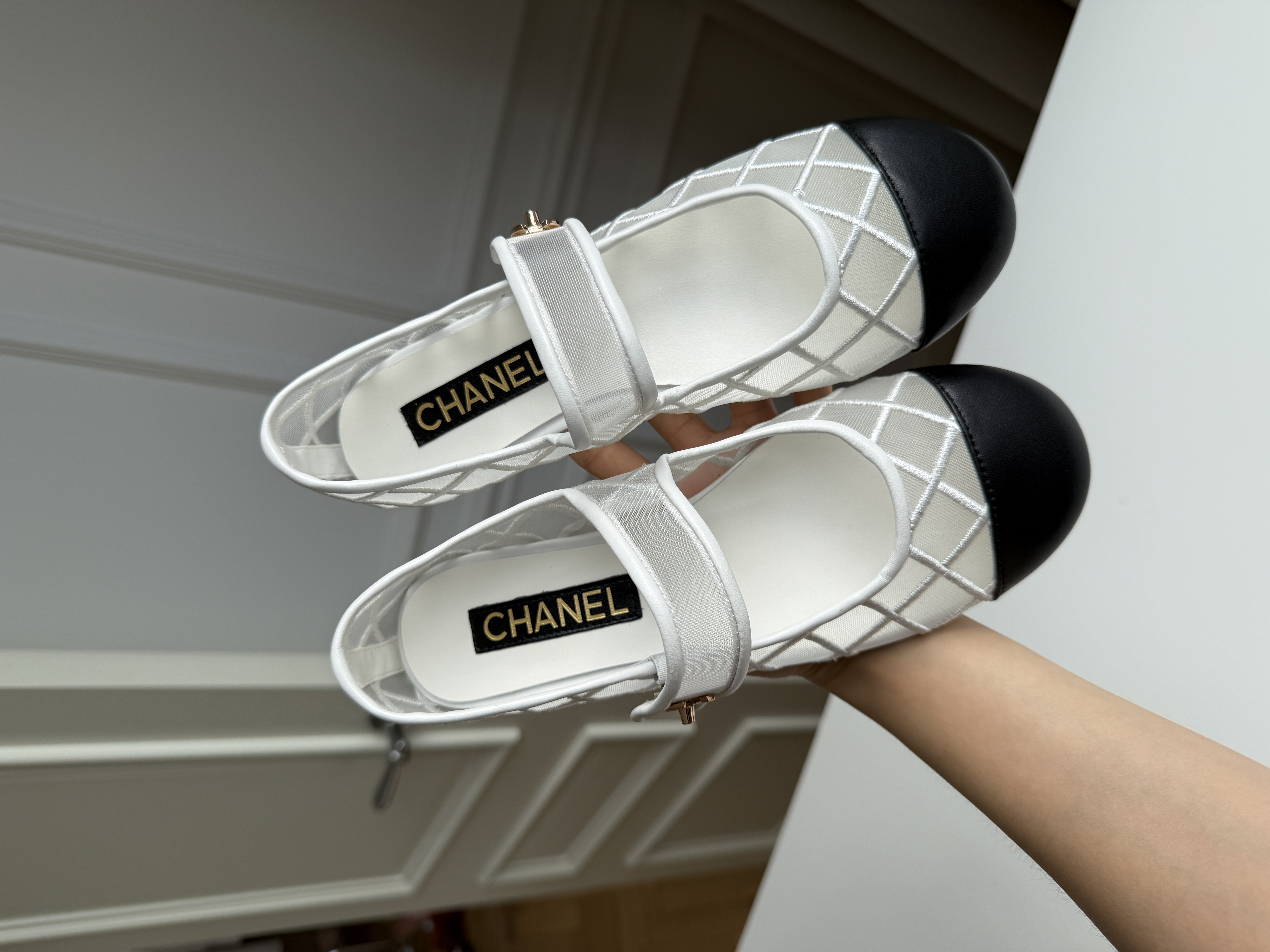 Chanel White Mesh & Black Leather Mary Jane Flat Shoes