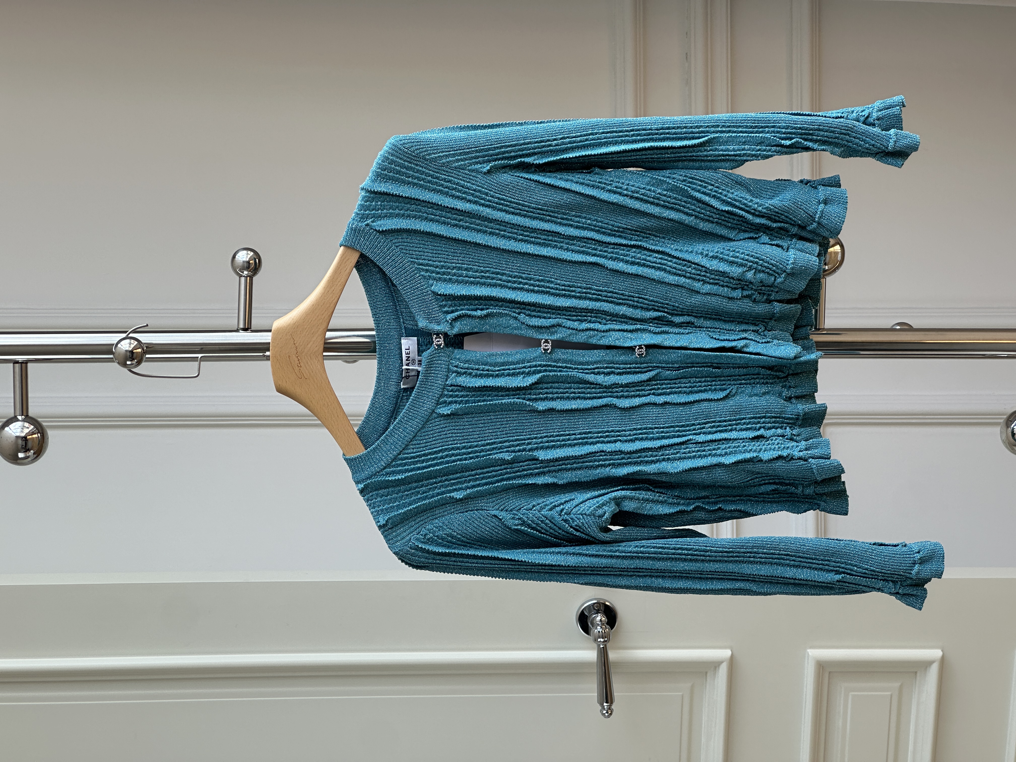 Chanel Peacock Blue Textured Vertical Rib Knit Cropped Cardigan With Silver Interlocking CC Buttons