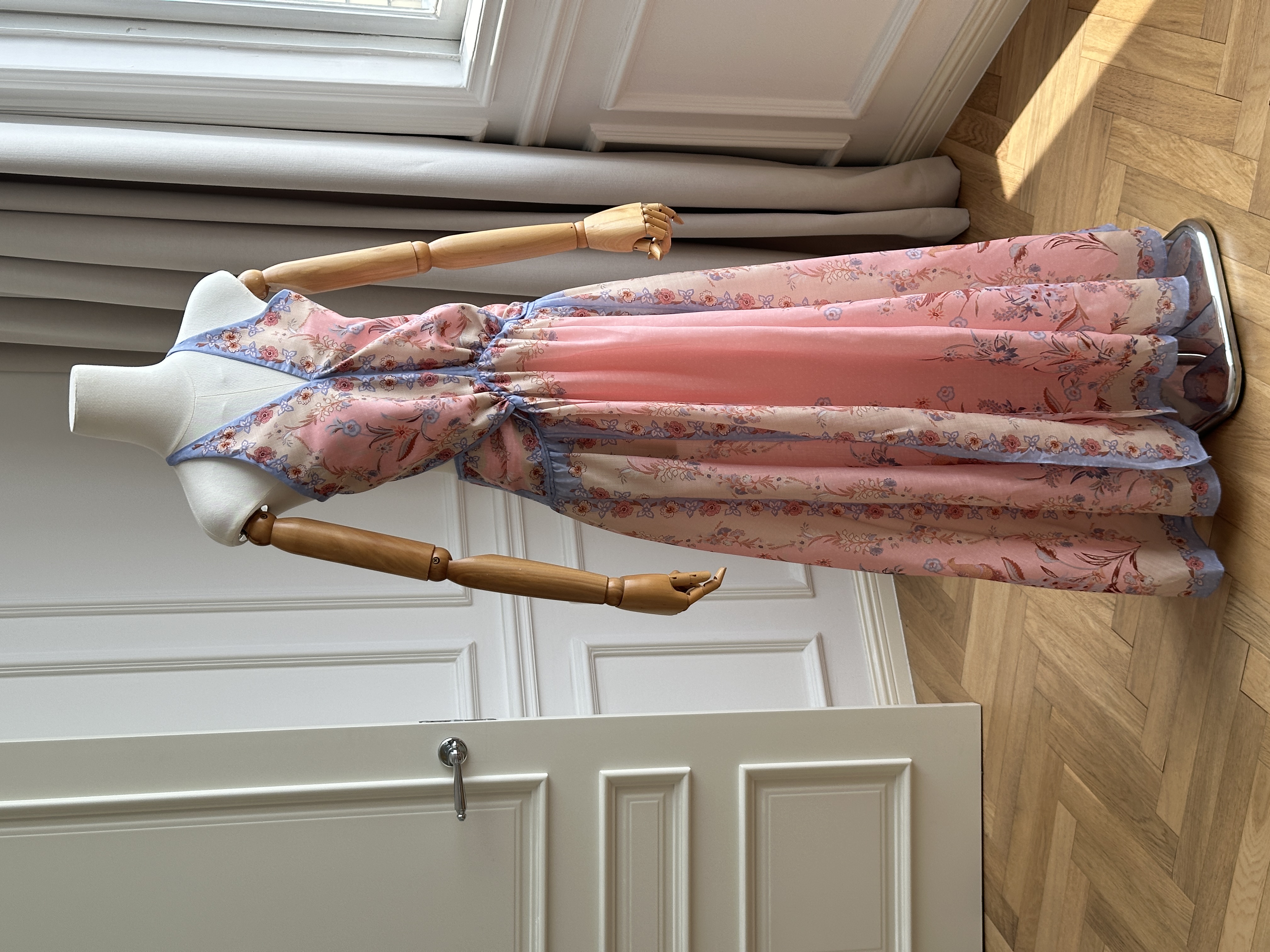 Pink Vintage Floral Print V-Neck Halter Twist Drawstring Waist Flowy Maxi Dress