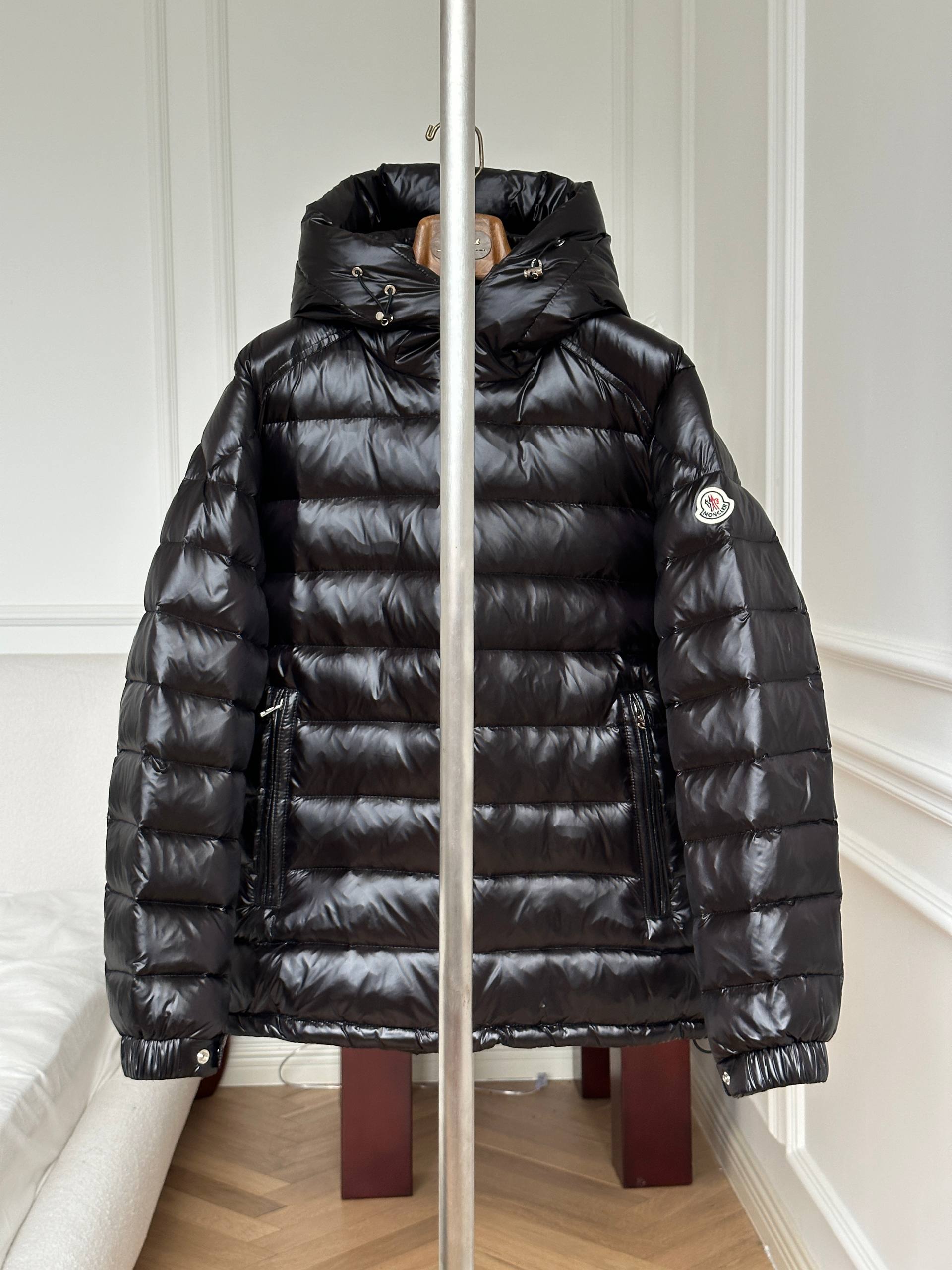 Moncler Black Shiny Quilted Hooded Light Down Jacket