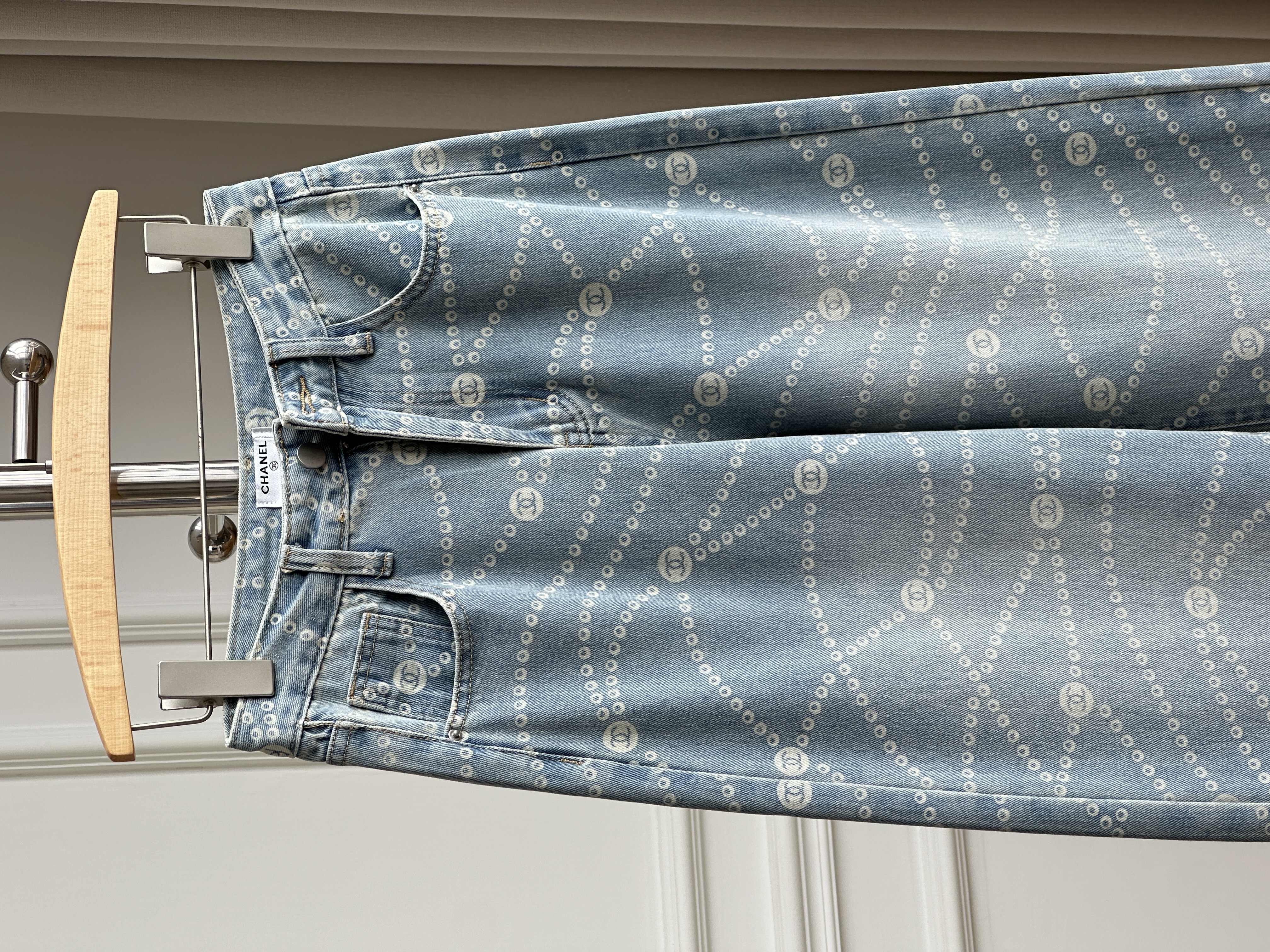 Chanel 25P Light Blue Pearl Chain Print Straight-Leg Jeans
