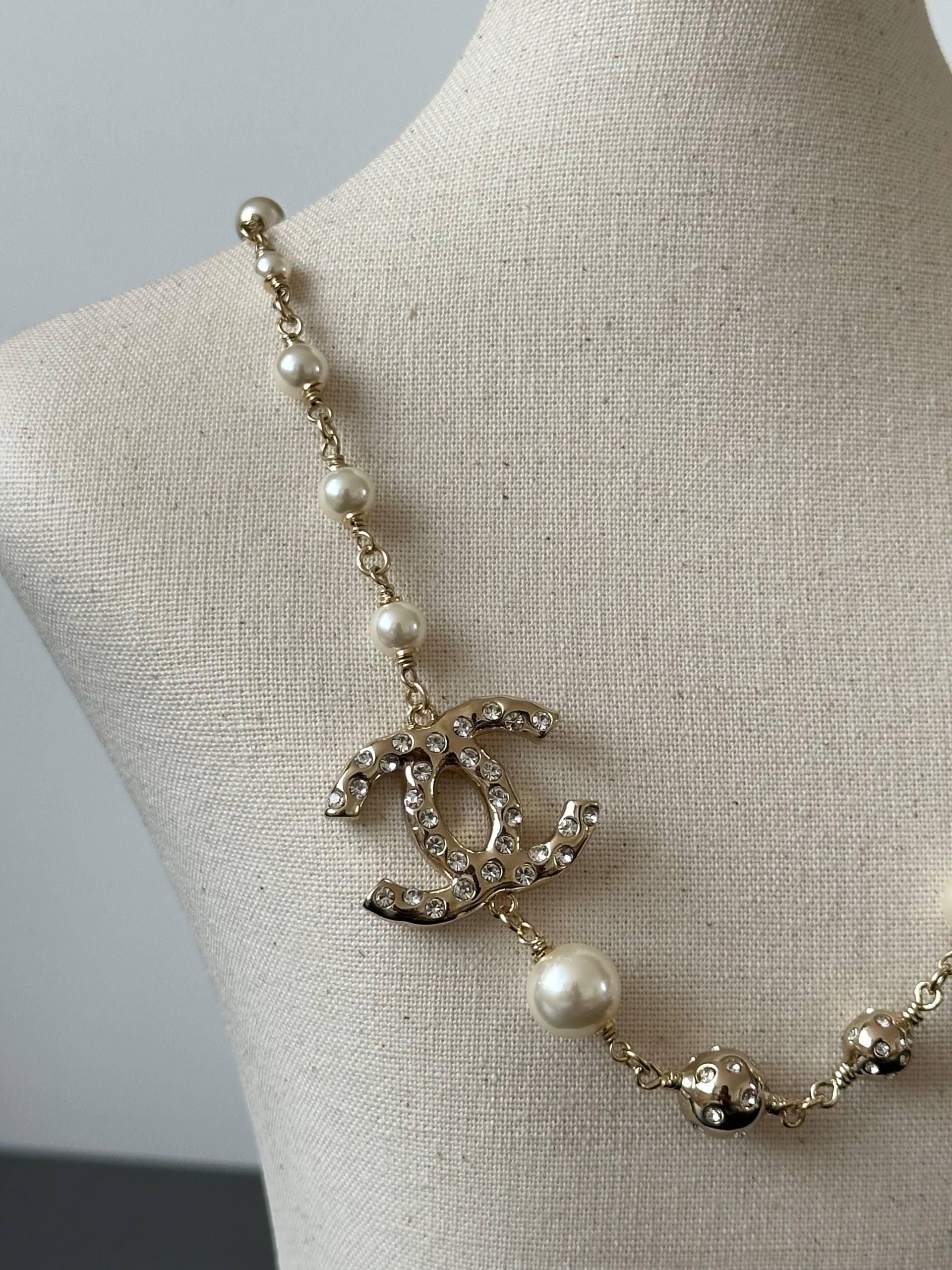 Chanel Classic Interlocking CC Crystal & Pearl Necklace