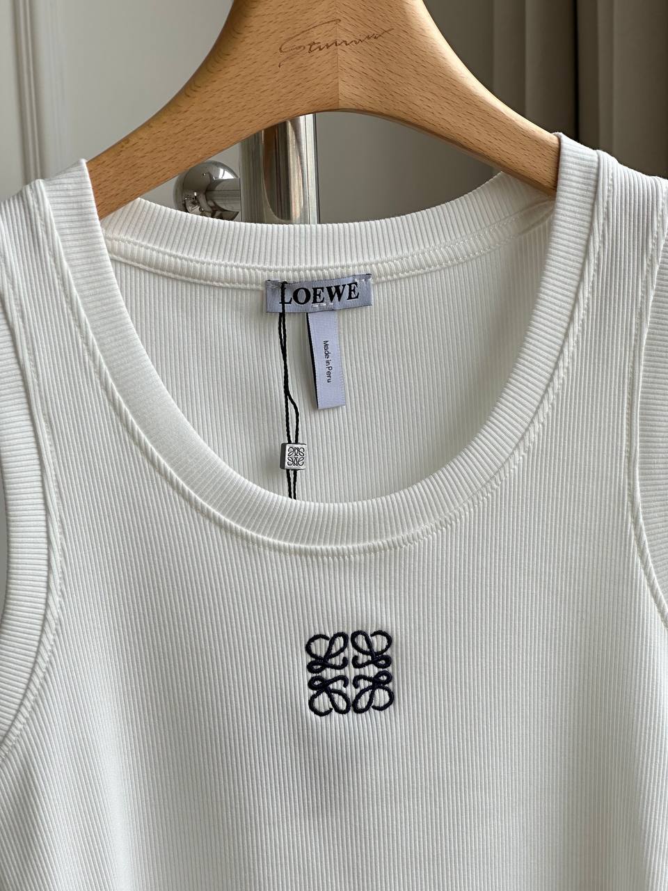 Loewe White Ribbed Knit U-Neck Sleeveless Tank Top With Black Anagram Embroidery