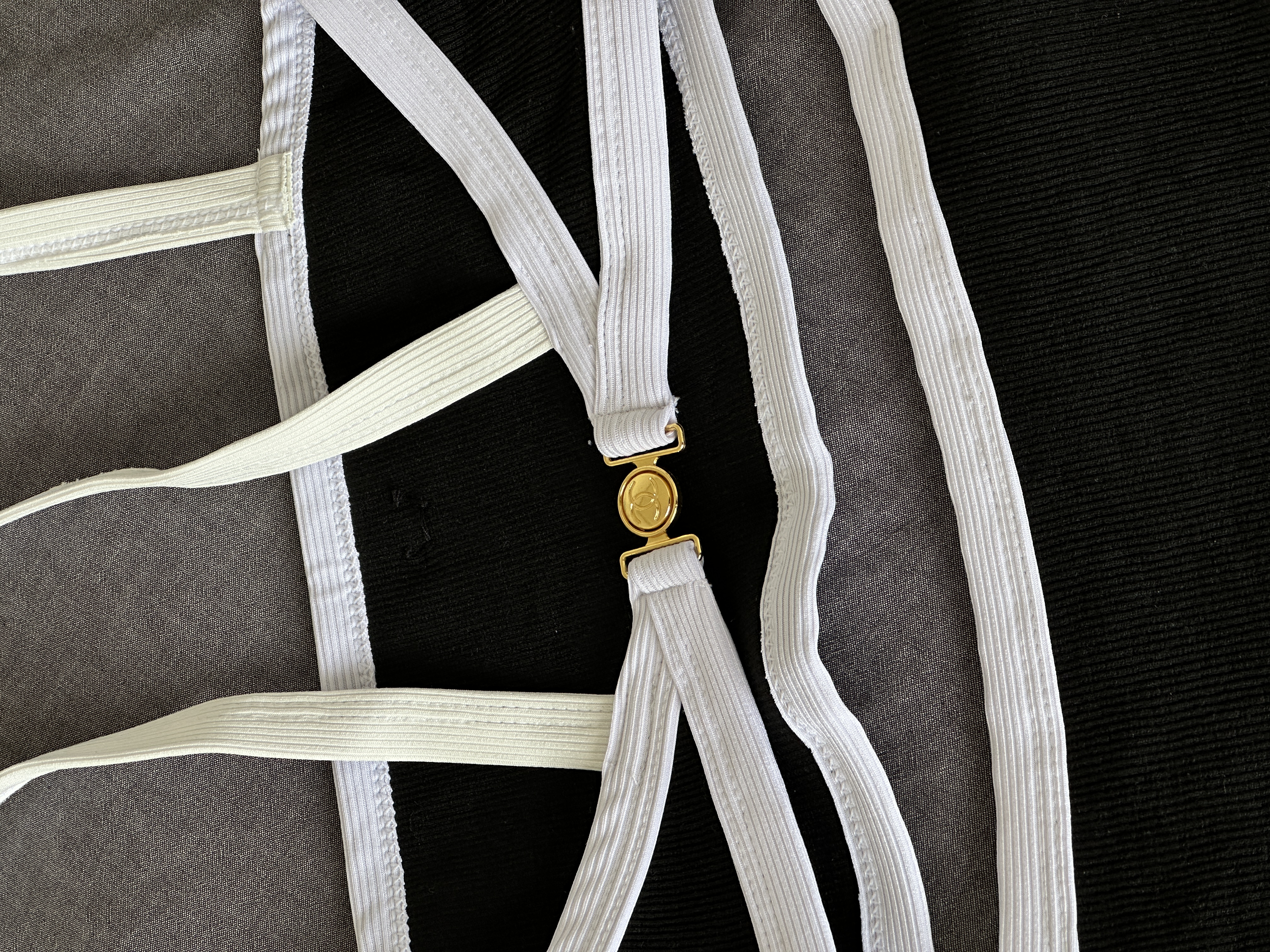 Chanel Black & White Ribbed Two-Piece Bikini Swimsuit with Crystal CC Logo
