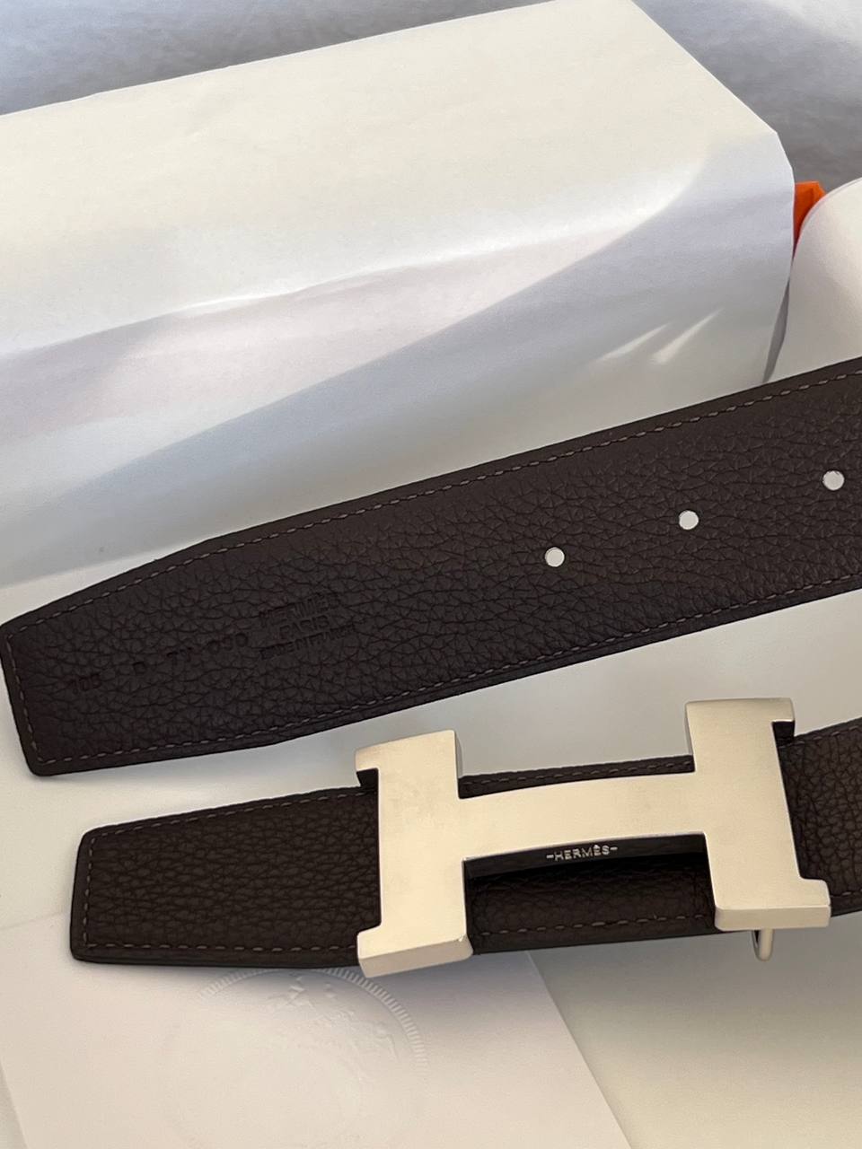 Hermès Dark Brown Grain Leather T Buckle Reversible Belt