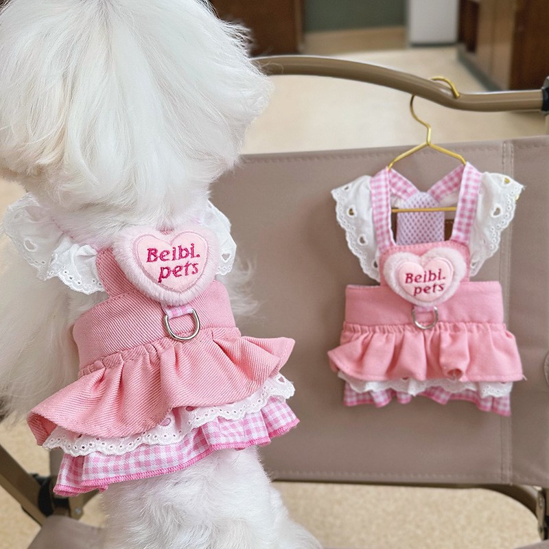 Pink Denim Dog Harness Dress Lace Ruffle Heart Gingham Check No Pull Vest with Leash Ring - MAISONKAIRON