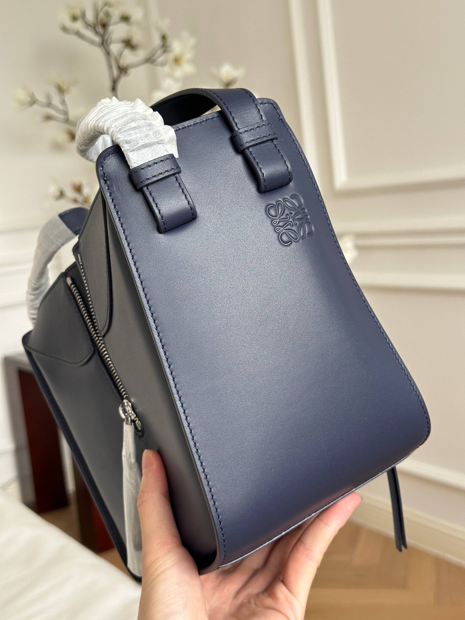 LOEWE Small Hammock Dark Navy Smooth Leather Bag with Anagram Webbing Strap