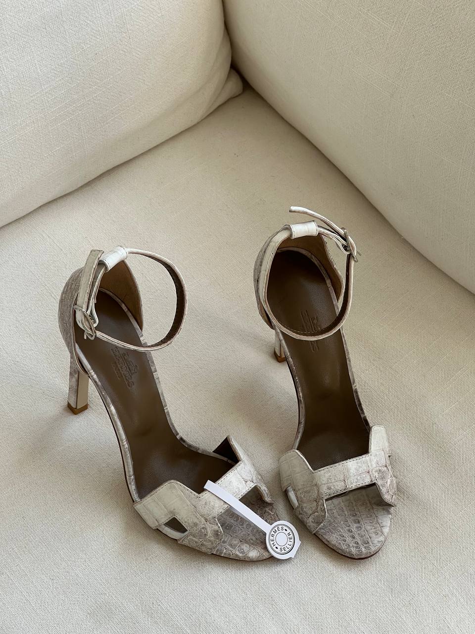Hermès Himalaya Croc Embossed Cutout Stiletto Ankle Strap Sandals