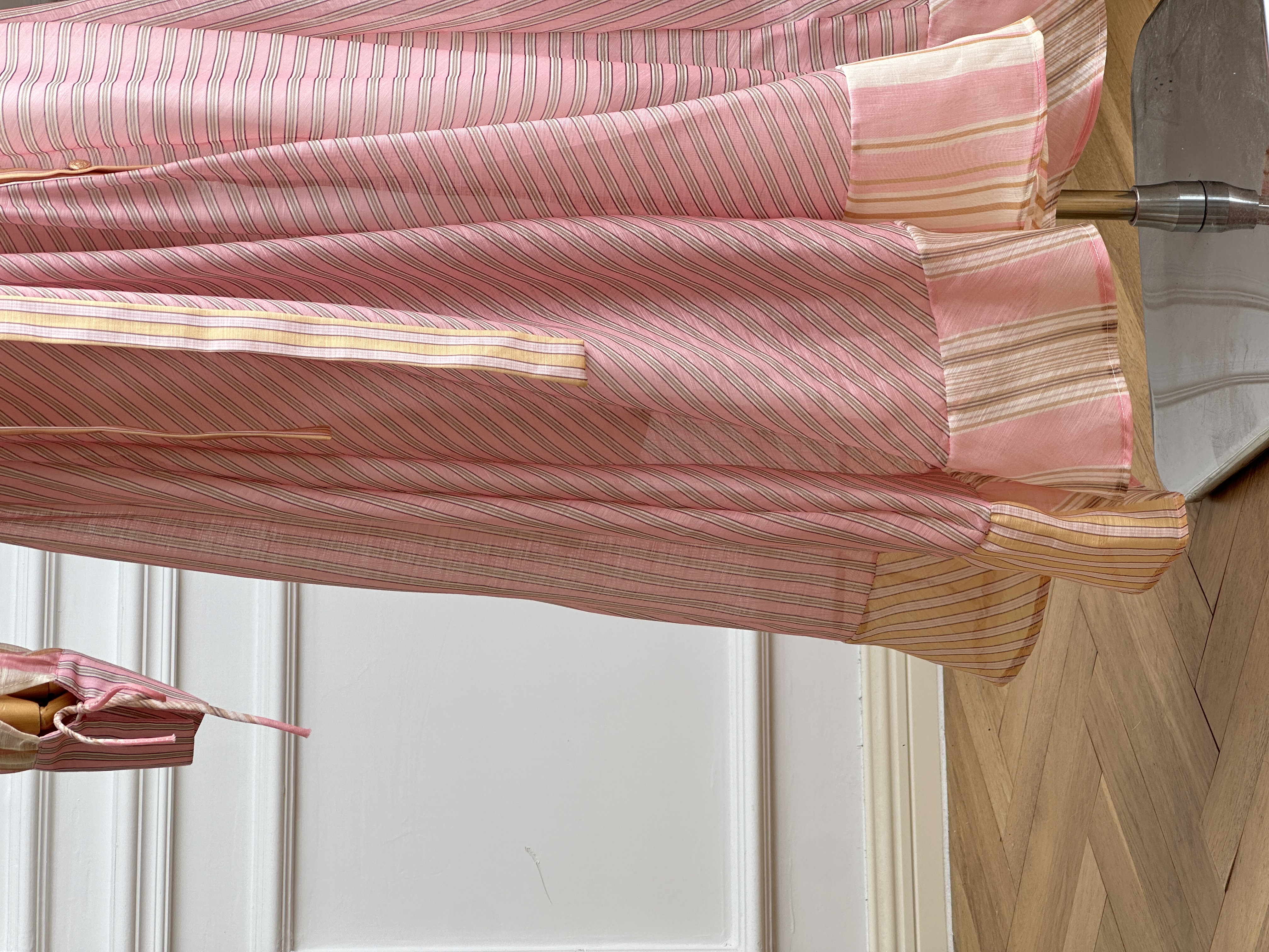 Pink Tone Striped Lapel Cross Wrap Tie-Waist Shirt Maxi Dress