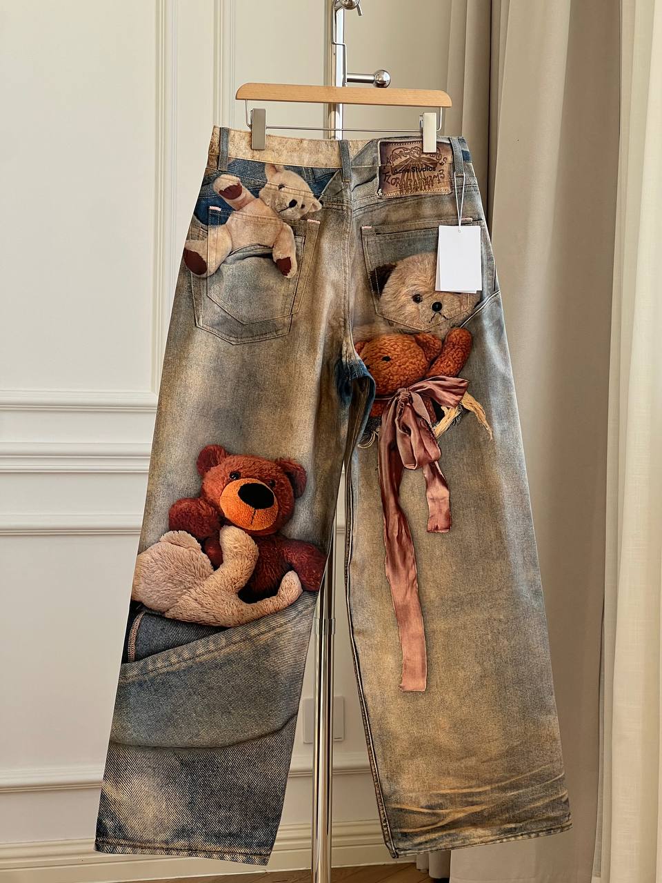 Acne Studios Teddy Bear Trompe-l'oeil Print Wide-Leg Denim Jeans