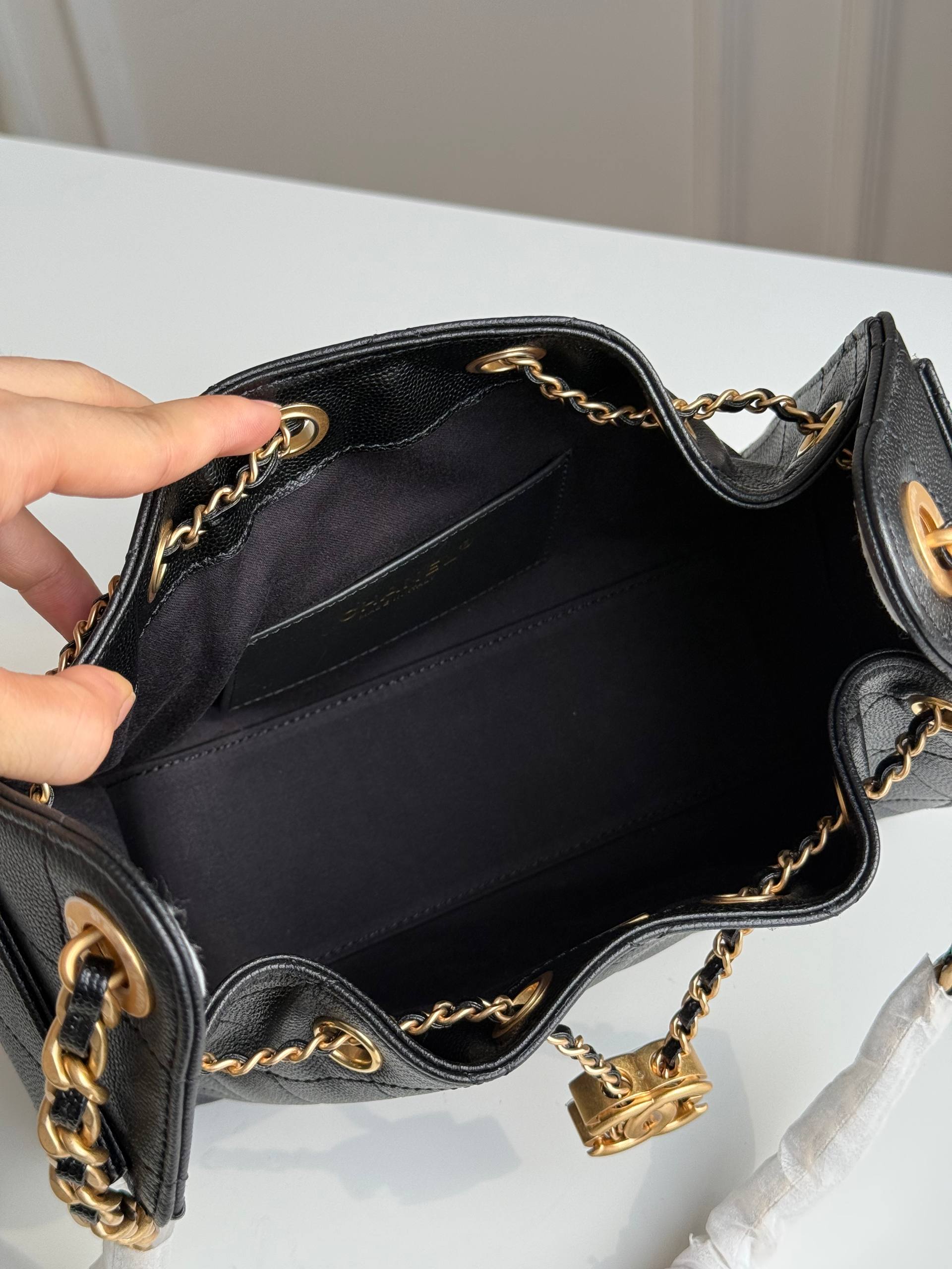 Chanel Caviar Leather Drawstring Bucket Bag with Chain Strap
