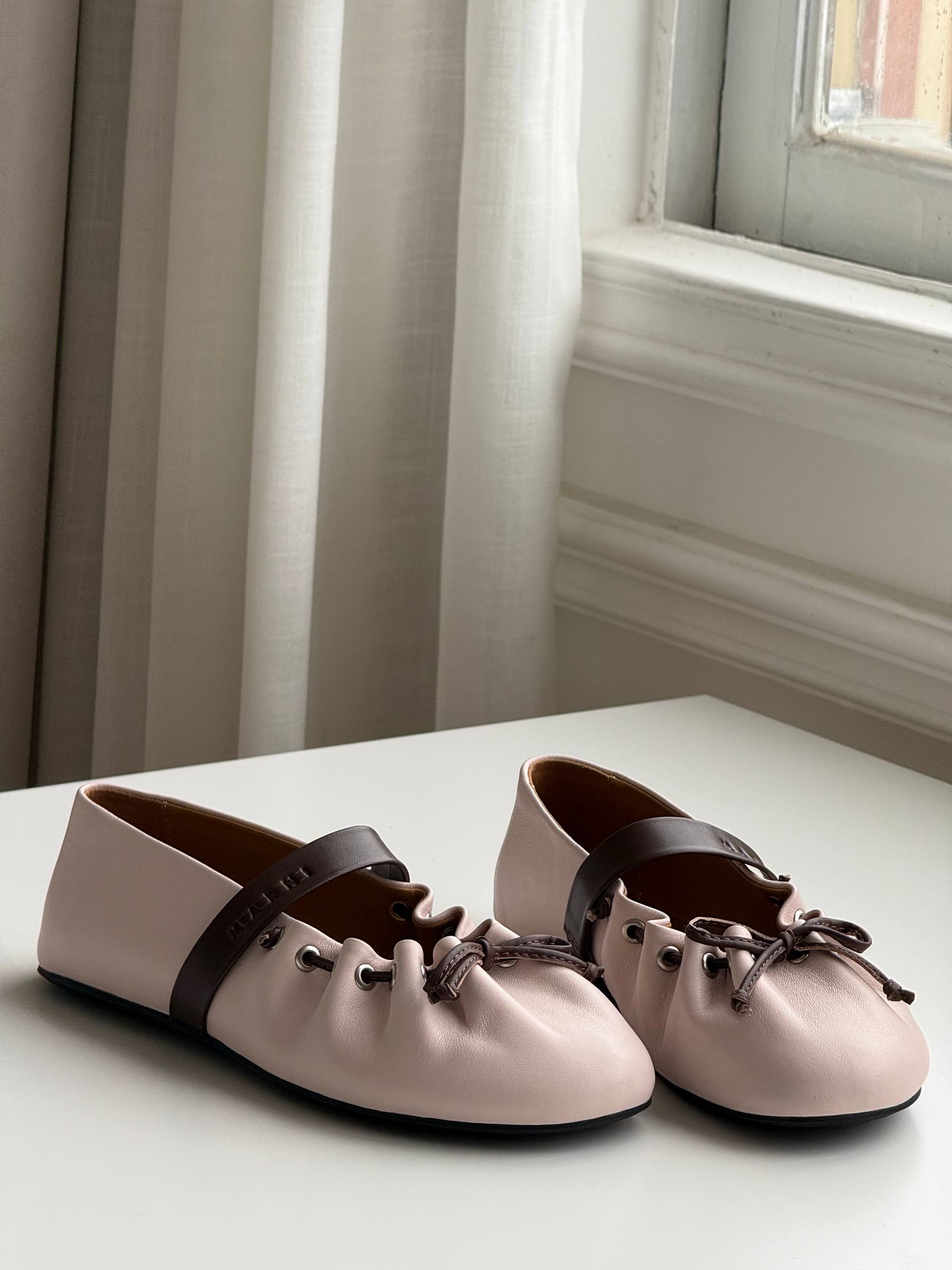 Miu Miu Color Block Strap Ruched Bow Ballerina Mary Jane Flats