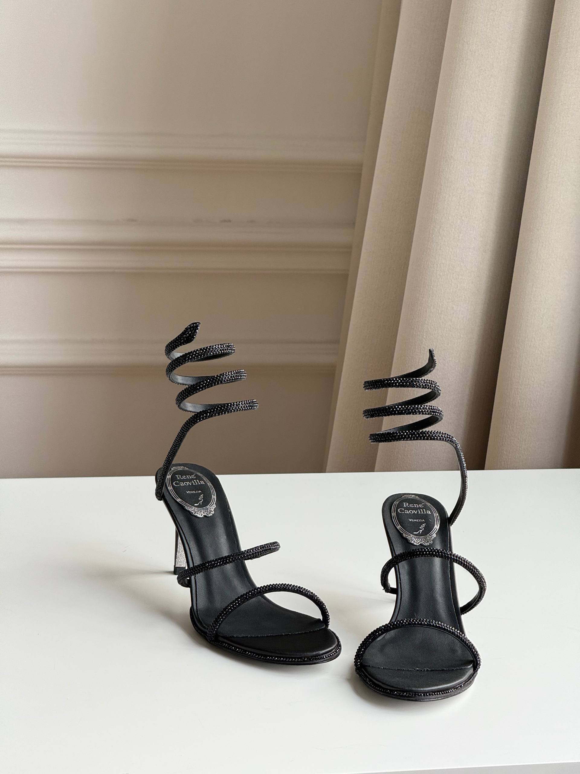 René Caovilla Cleo Crystal-Embellished Black Satin Sandals