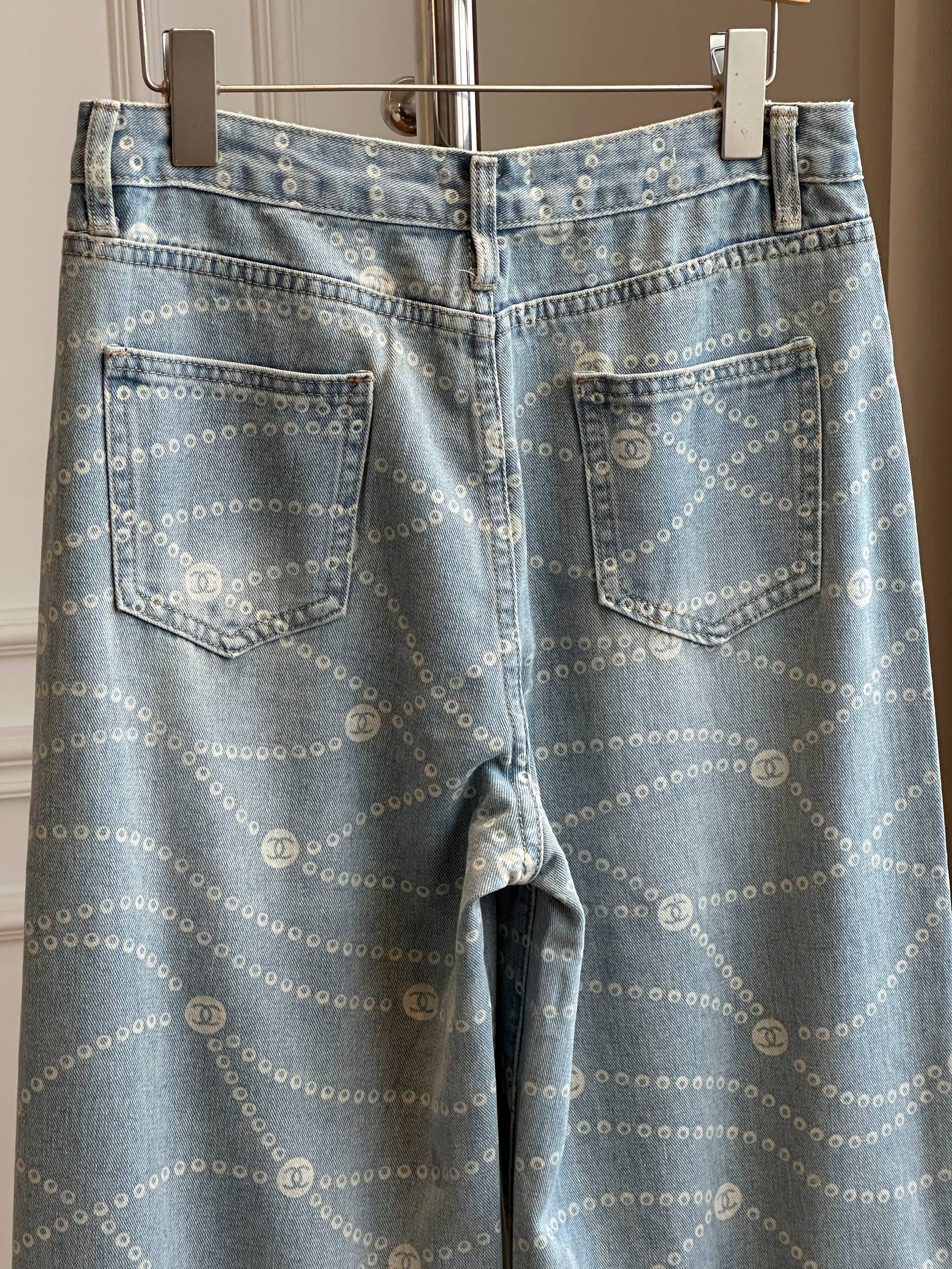Chanel Pearl Chain CC Logo Printed Wide-Leg Jeans