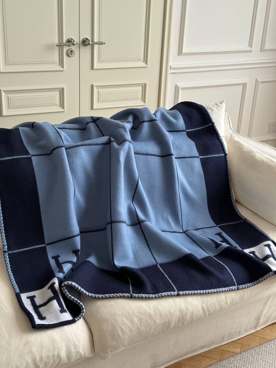 Hermès Avalon Blanket (H Check Wool-Cashmere Throw, Blue Colorway