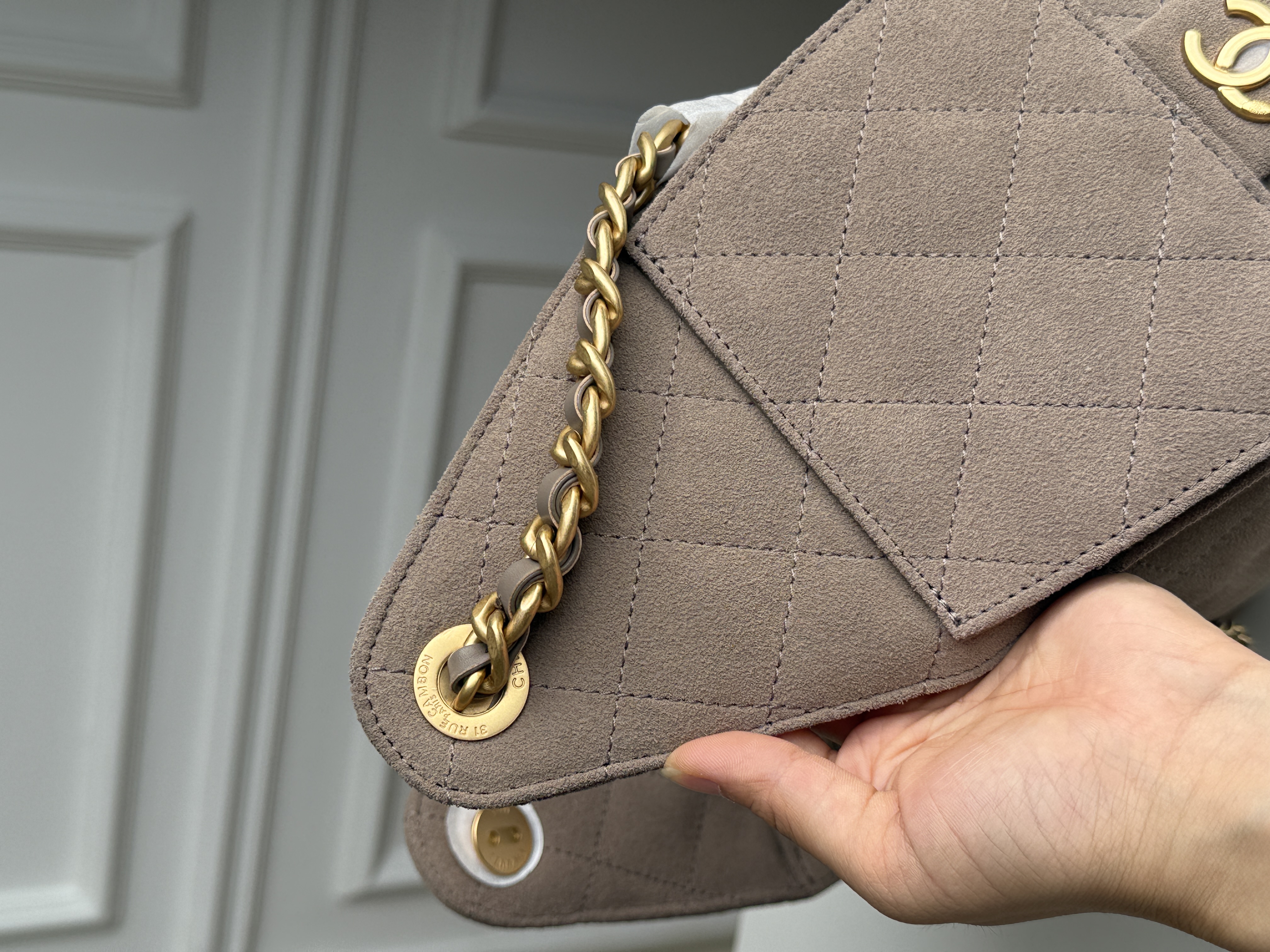 Chanel 25A Suede Quilted Drawstring Hobo Tote Bag