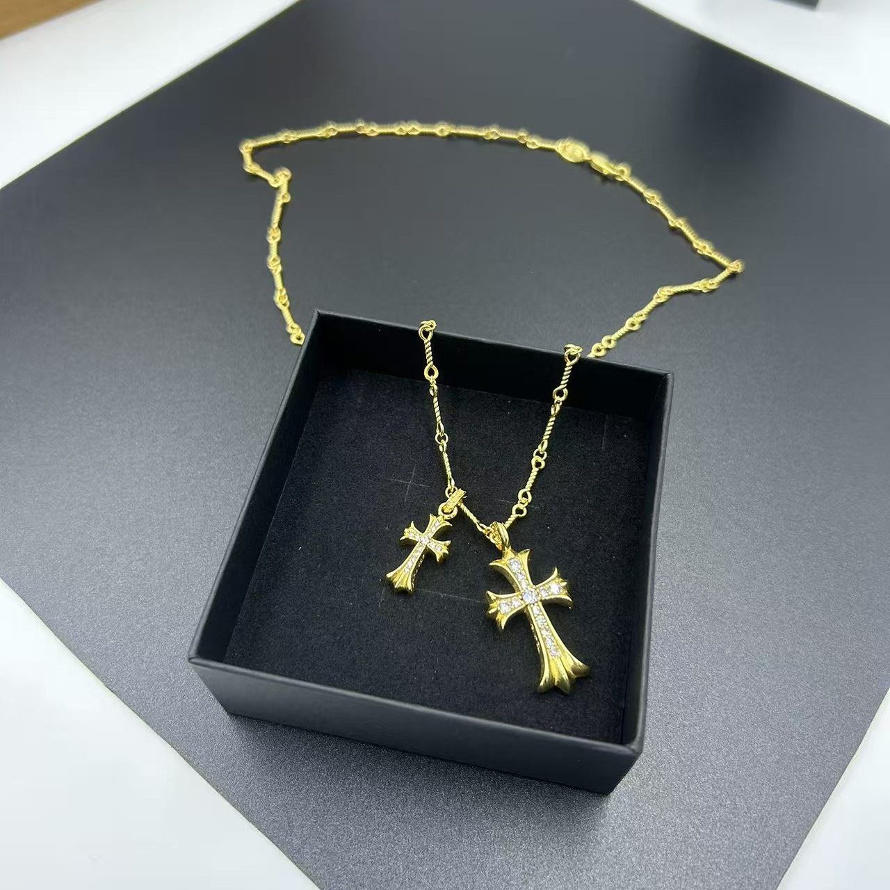 CHROME HEARTS 22K GOLD DOUBLE CROSS LAYERED NECKLACE WITH FULL DIAMOND EMBELLISHMENT