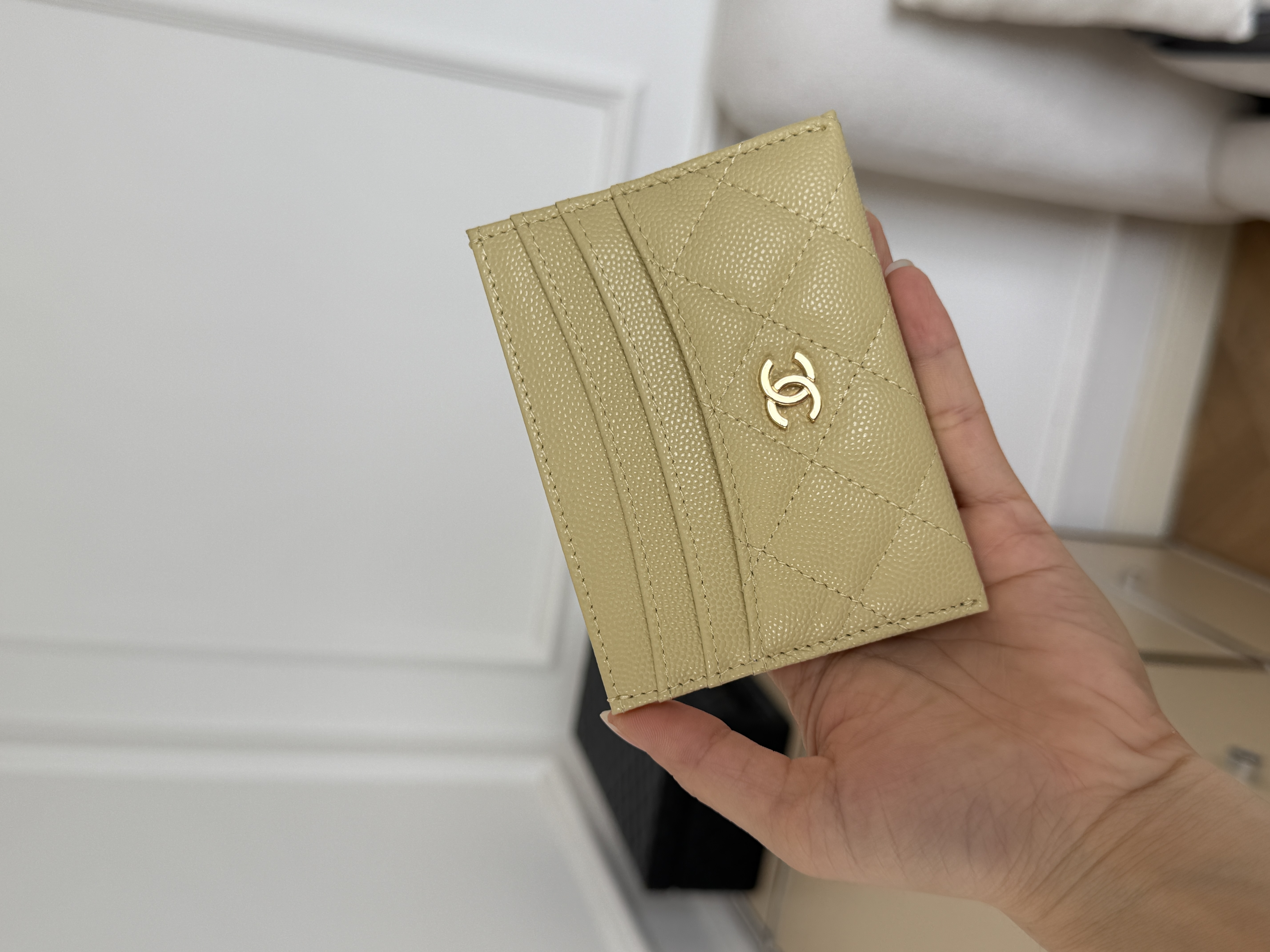 Chanel Light Milk Tea Caviar Leather Quilted Card Holder With Gold Interlocking CC Logo