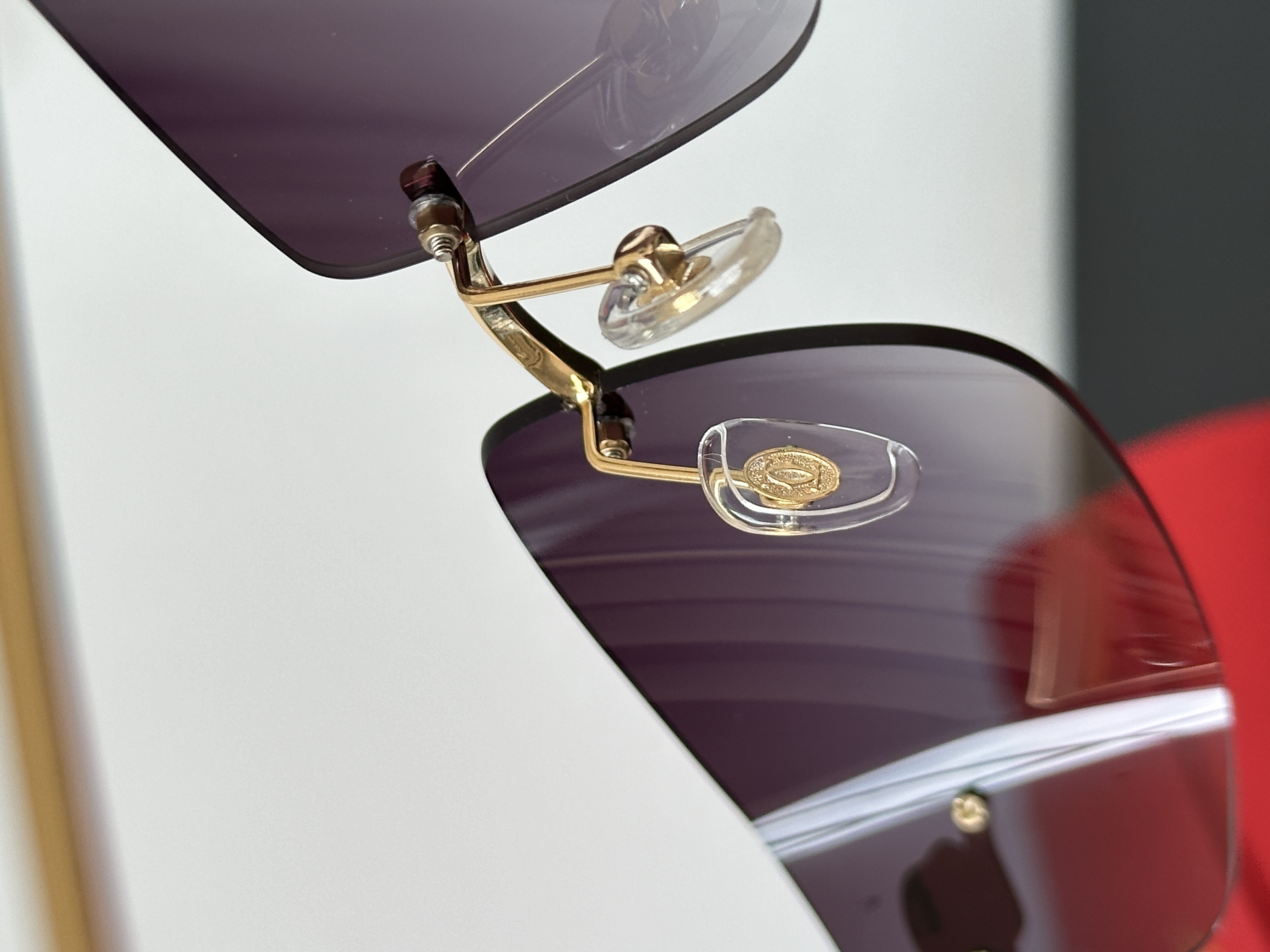 Cartier Gold Panther Head Rimless Gradient Burgundy Lens Sunglasses