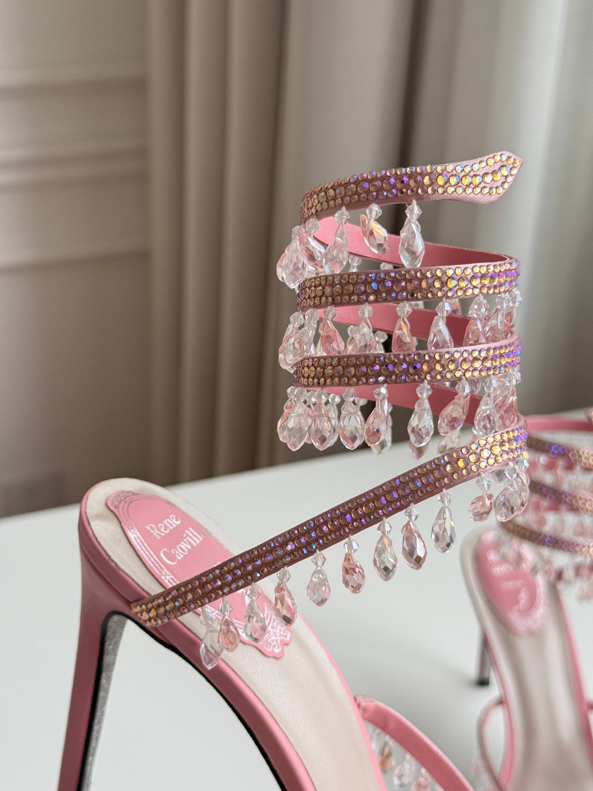 Pink Crystal Tassel Ankle Wrap Open Toe Stiletto Sandals