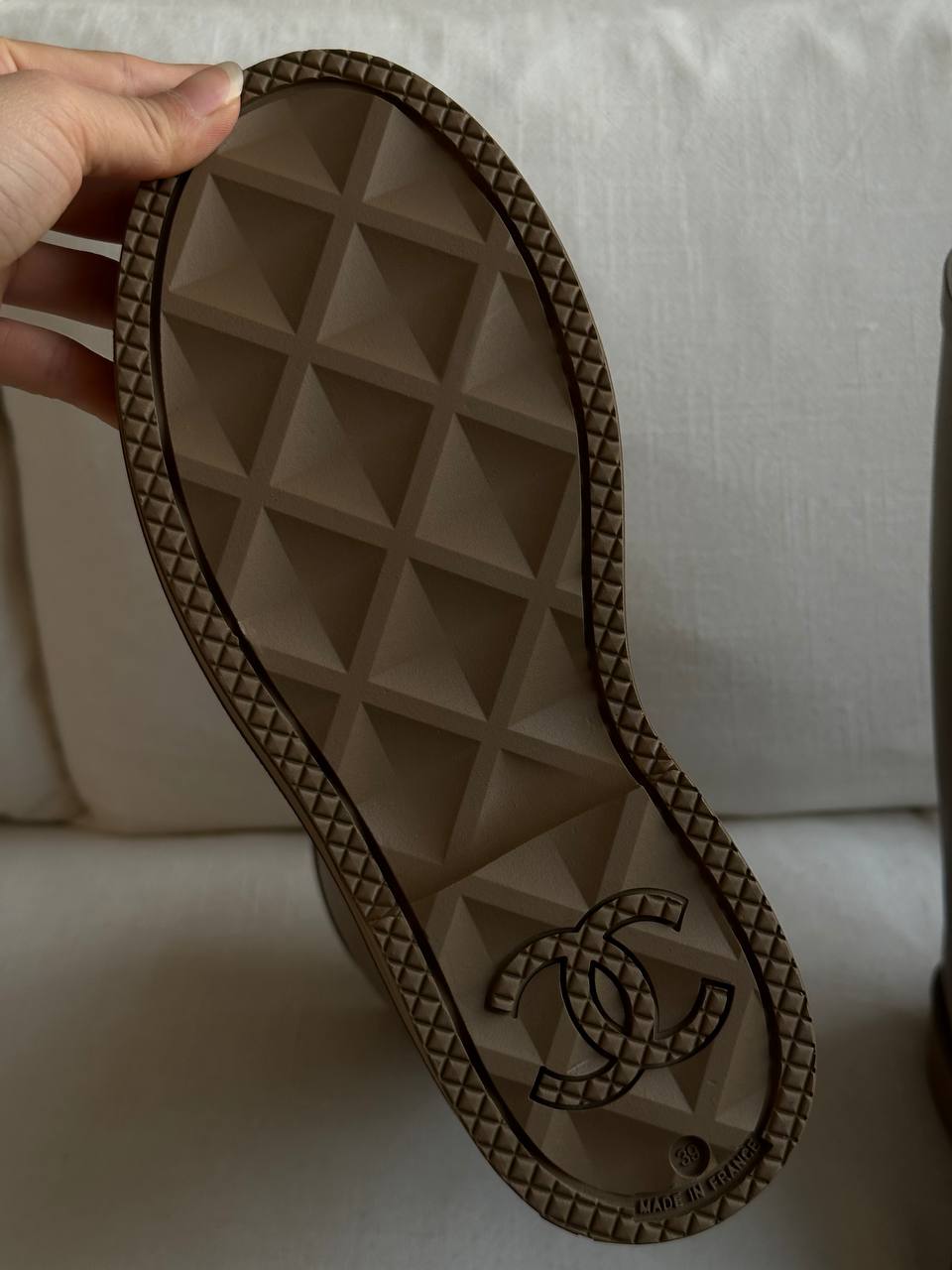 Chanel Mocha Brown CC Logo Block Heel Tall Waterproof Rain Boots