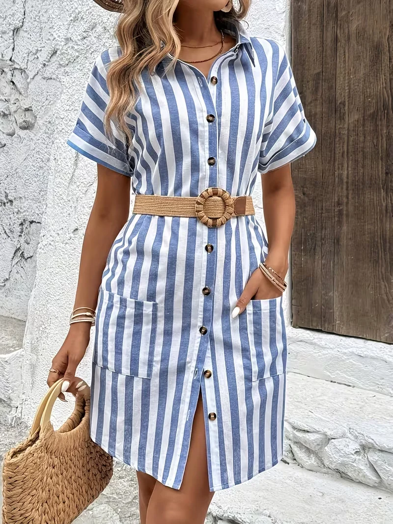 Robe Mi-Longue Rayée Boutonnée