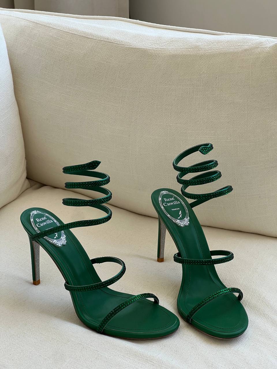 Rene Caovilla Emerald Crystal Coiled Ankle-wrap Stiletto Sandals