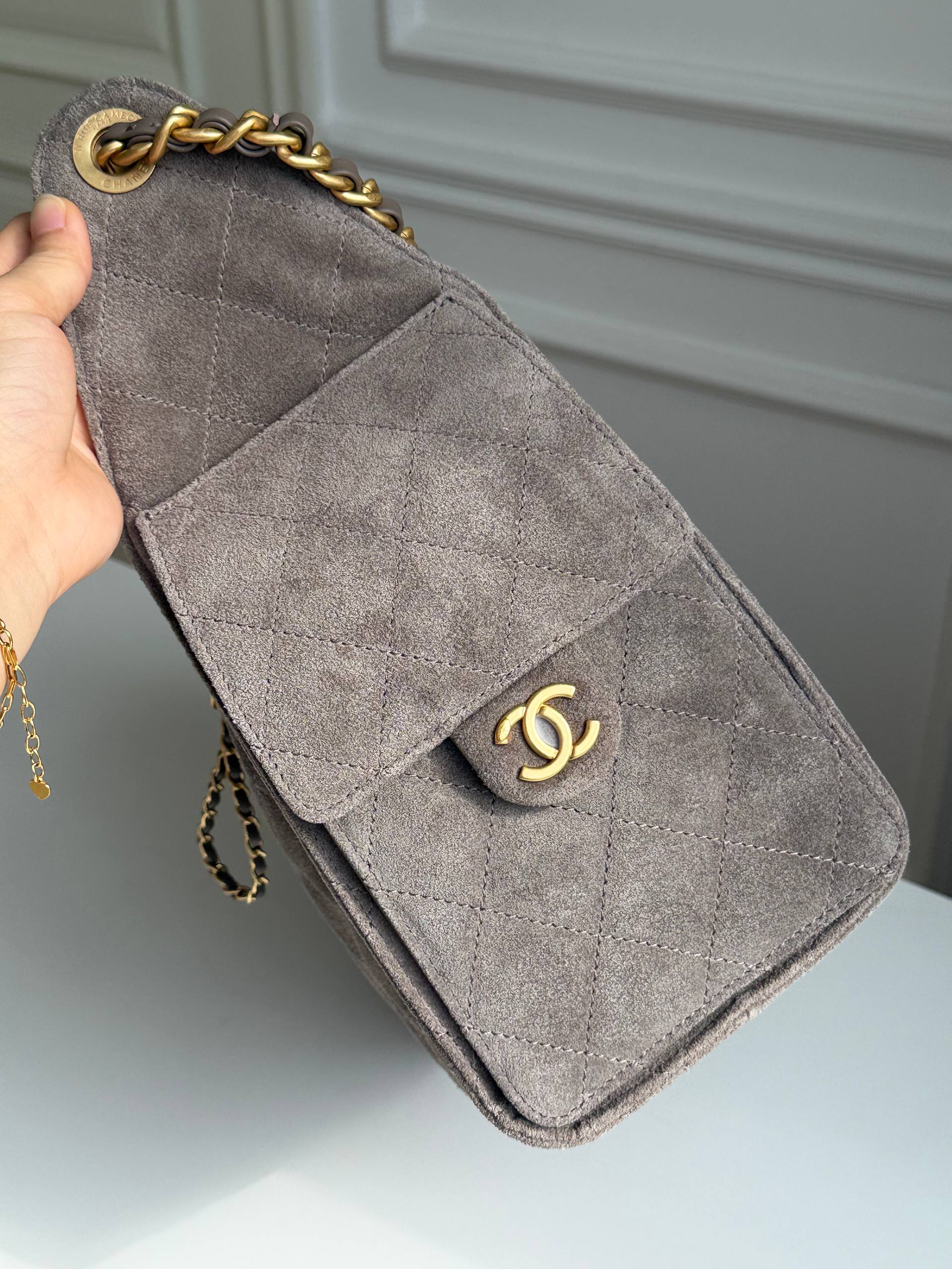 Chanel 25C Suede Quilted Drawstring Hobo Bag