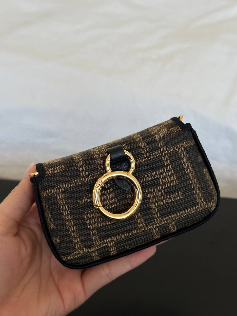 Fendi FF Zucca Canvas Mini Double F Gold Buckle Key Ring Card Coin Pouch