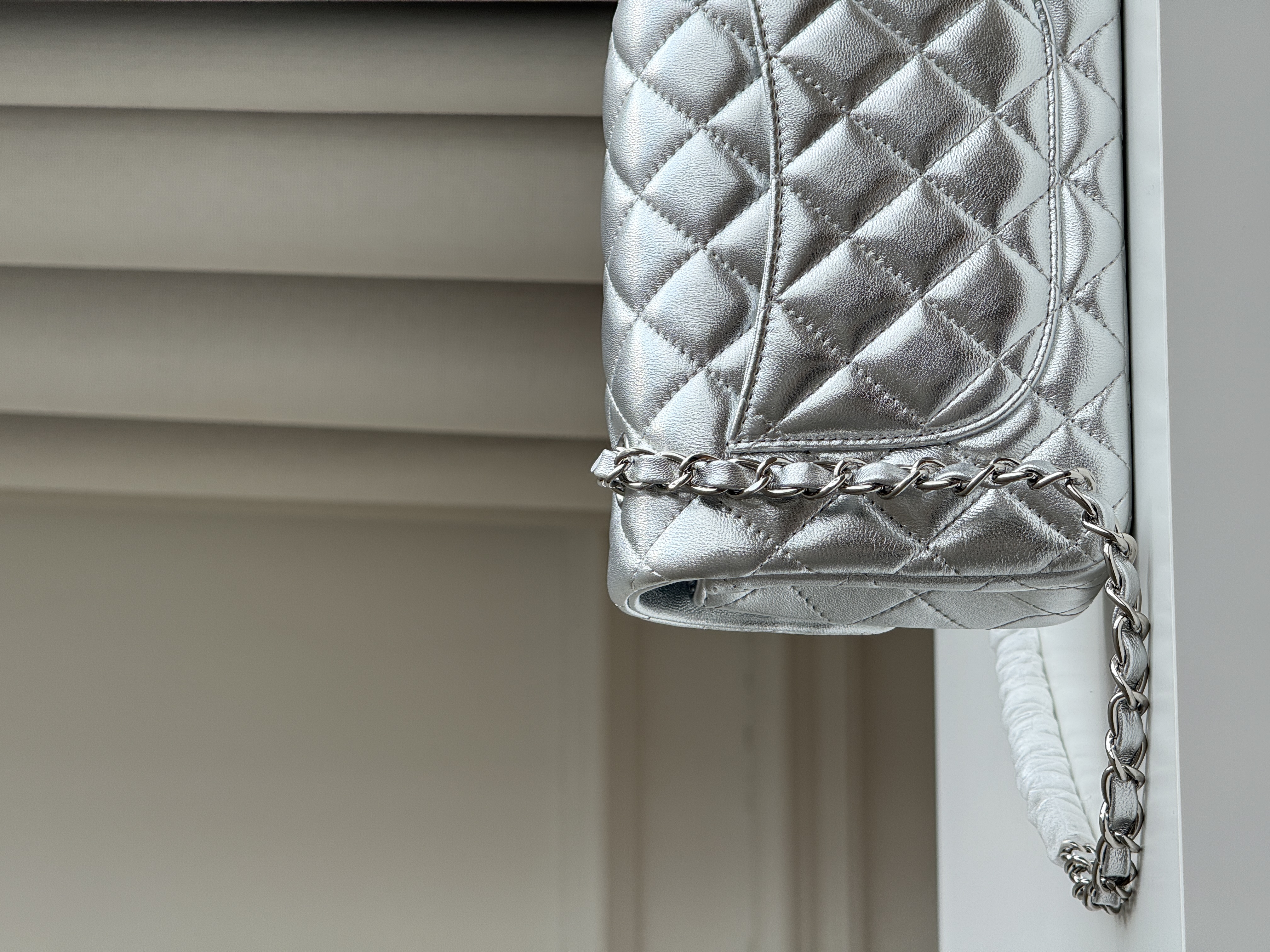 Chanel Silver Metallic Lambskin Mini Classic Flap Silver CC Chain Bag