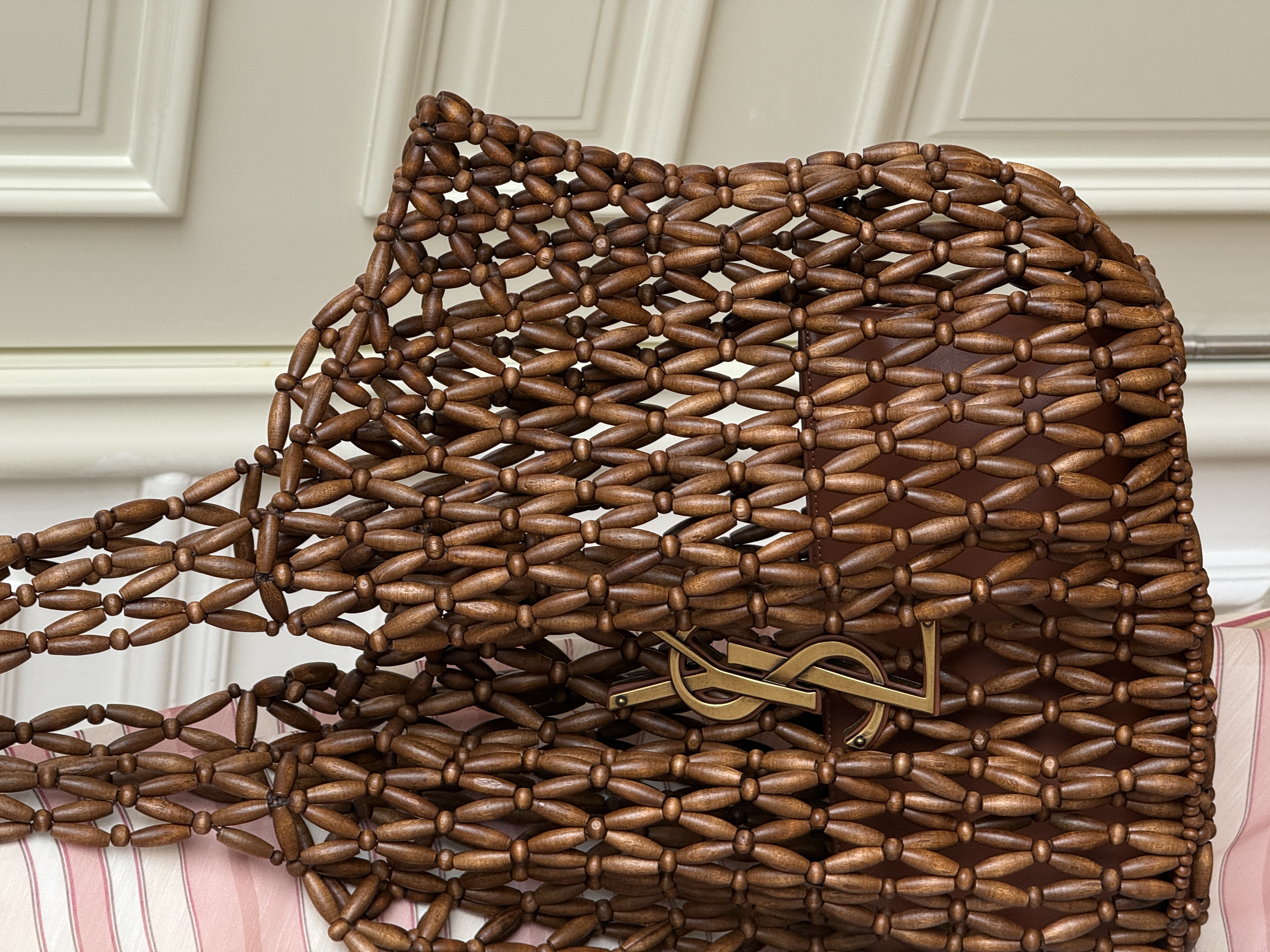 YSL Wooden Bead Open-Weave Tote Beach Bag