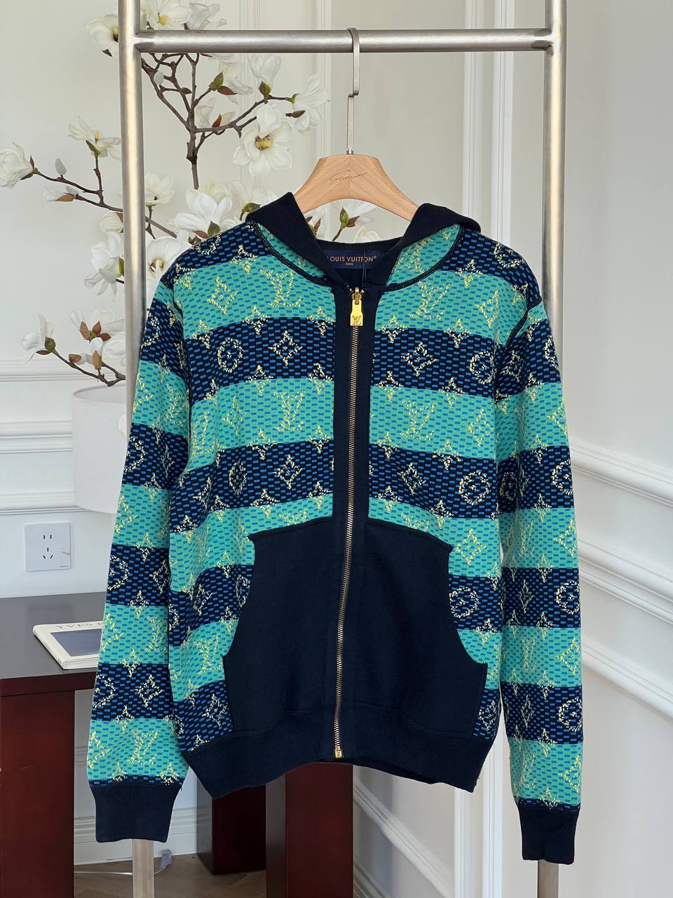 Louis Vuitton Teal-navy Striped Monogram Jacquard Zip-up Hoodie