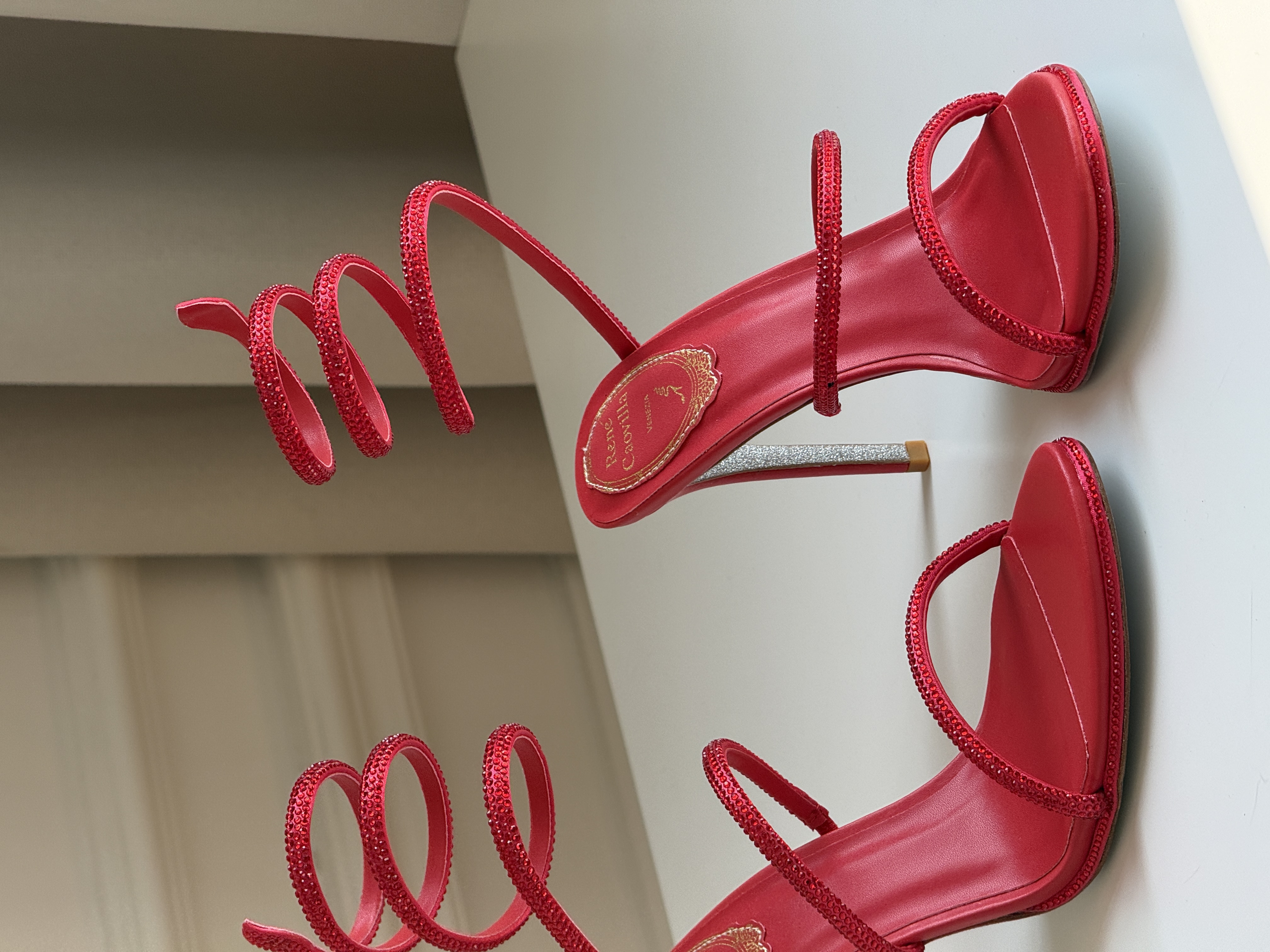 Bright Red Rhinestone Coiled Snake Ankle Wrap Open Toe Stiletto Sandals
