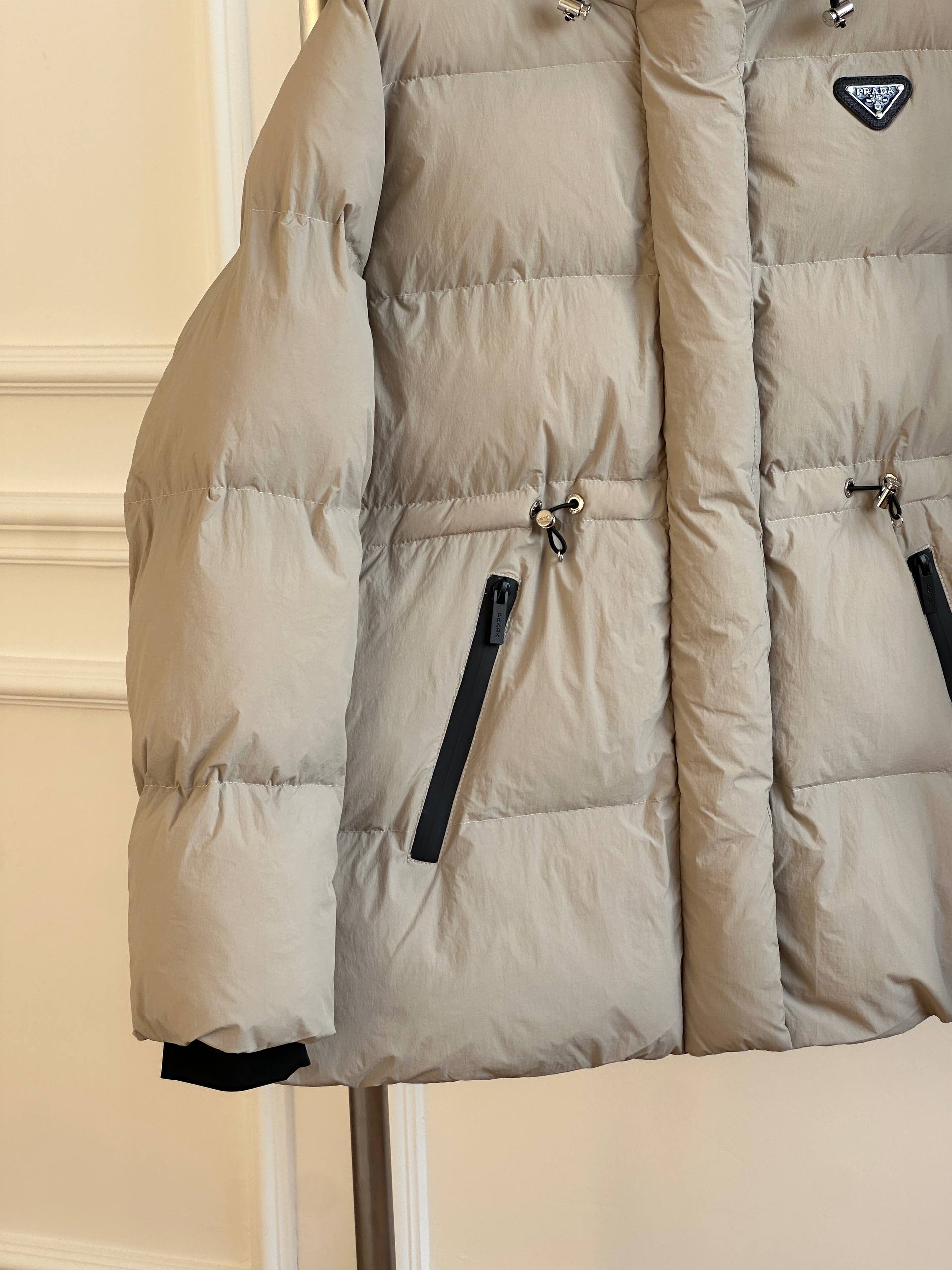 Prada Hooded Loose Down Jacket with Triangle Logo & Waist Drawstring