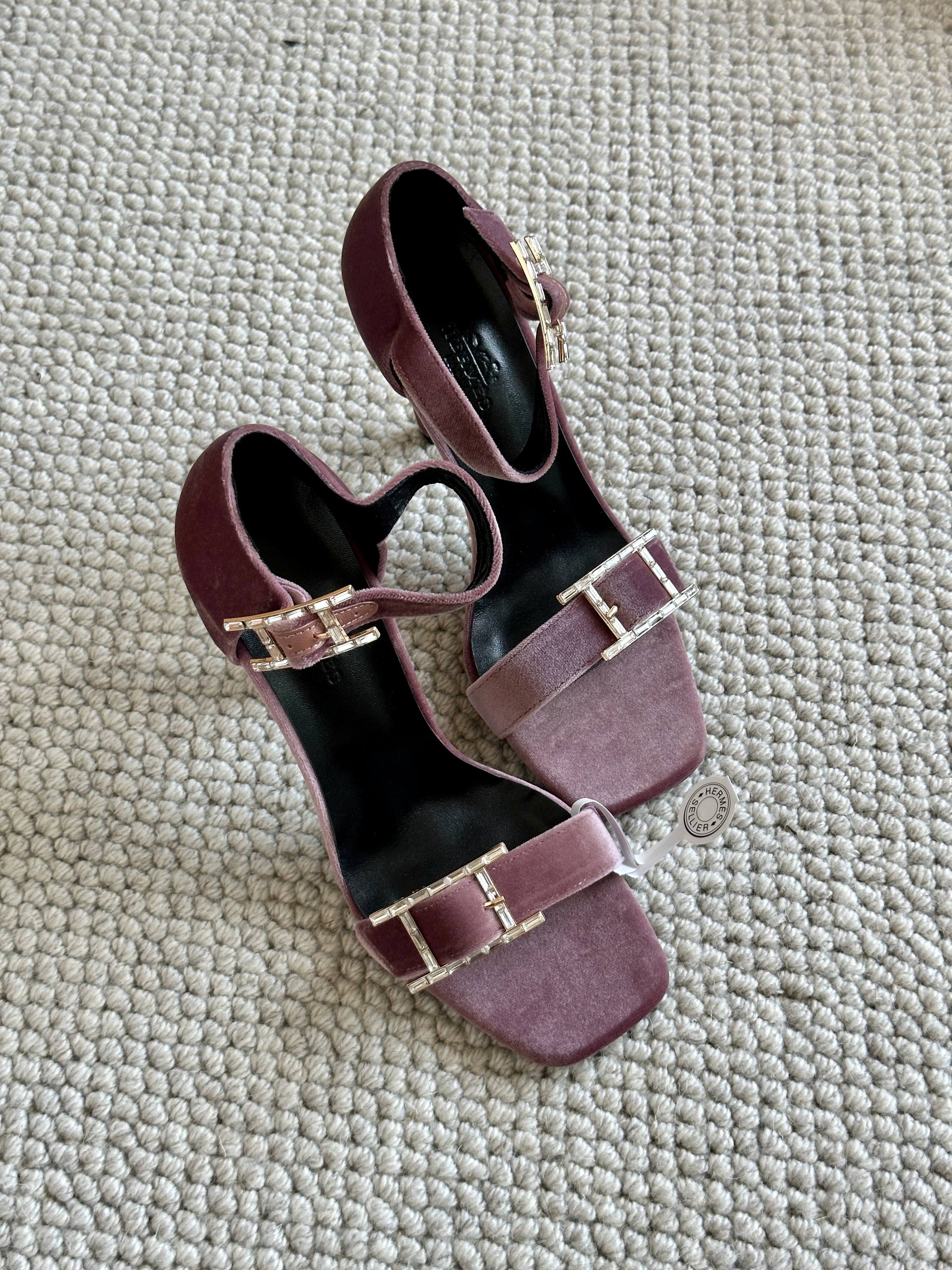 Hermès Dusty Pink Velvet Crystal H Buckle Block Heel Sandals