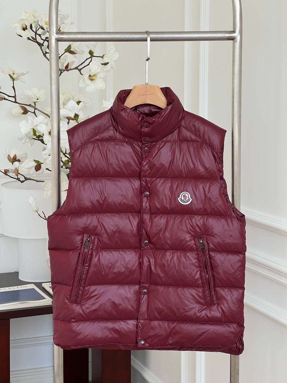 Moncler Burgundy Shiny Nylon Stand Collar Light Down Gilet Vest