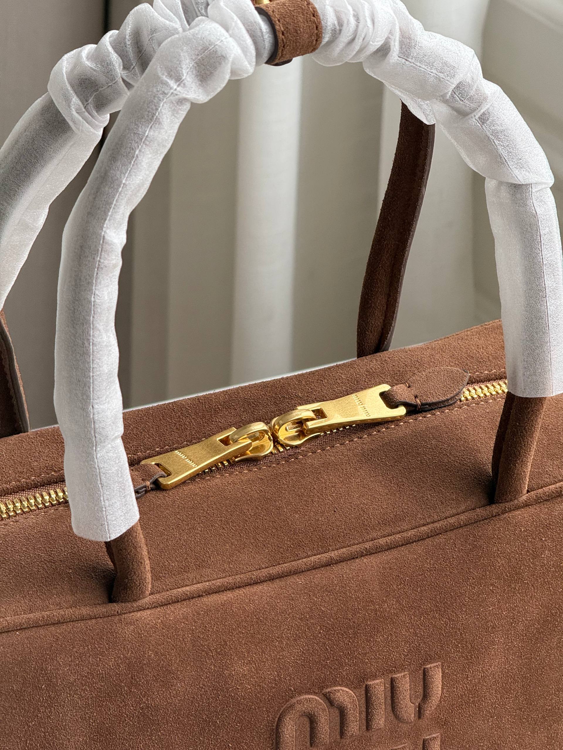 Miu Miu Brown Suede Embossed Logo Handheld Boston Cosmetic Bag