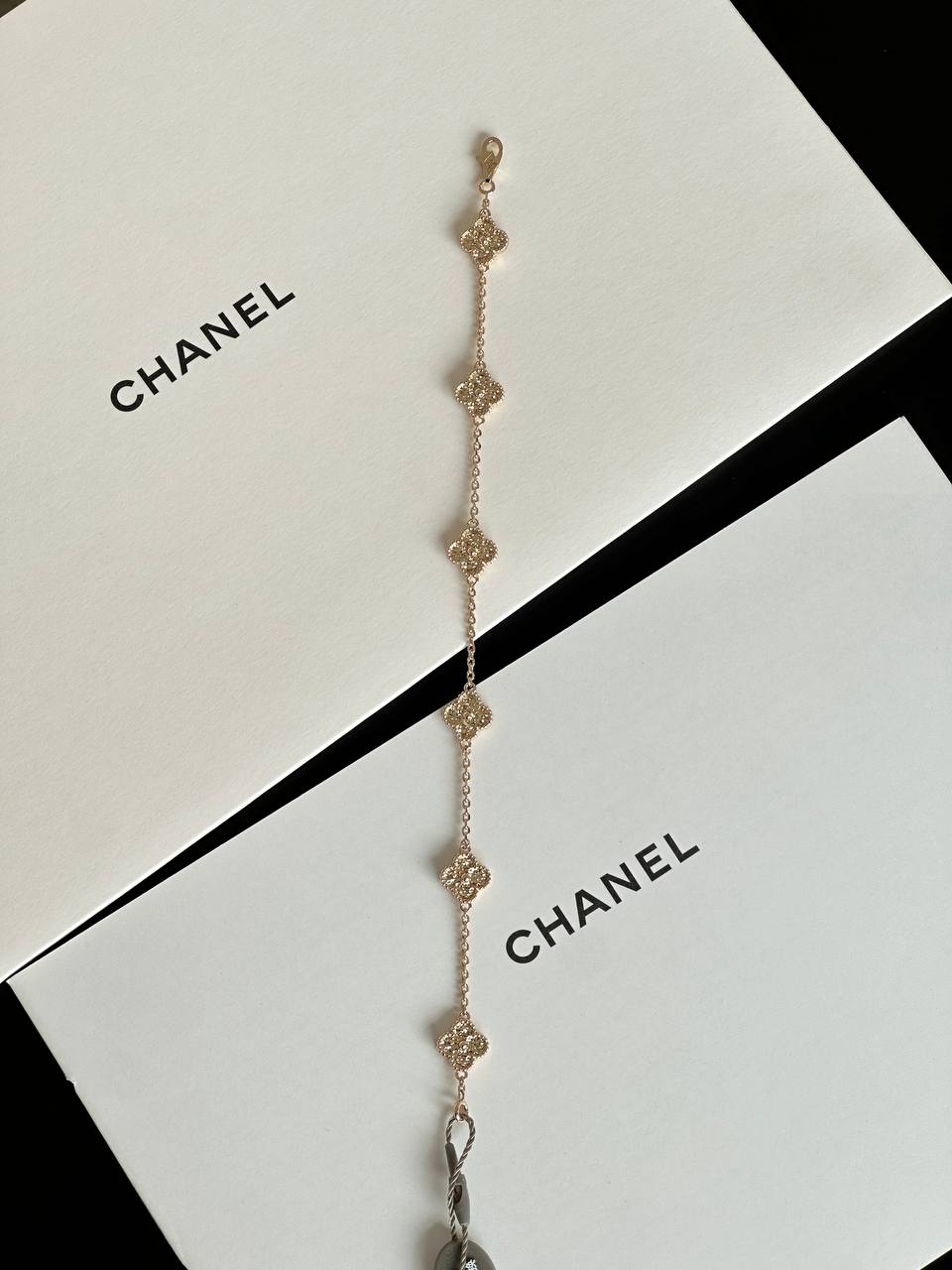 Chanel Gold Paved Crystal Four-Leaf Clover Thin Bracelet