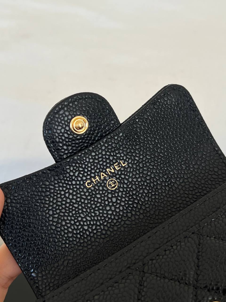 Chanel Black Caviar Leather Quilted Flap Card Holder With Gold CC Logo