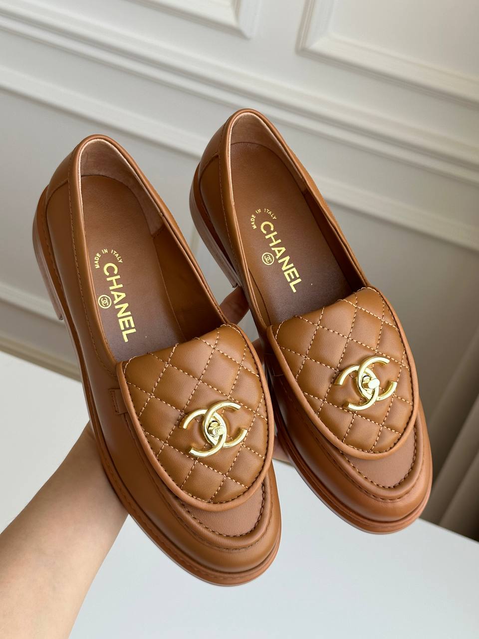 Chanel Caramel Brown Smooth Calfskin Quilted Flap Turn-Lock Gold CC Low-Heel Loafers