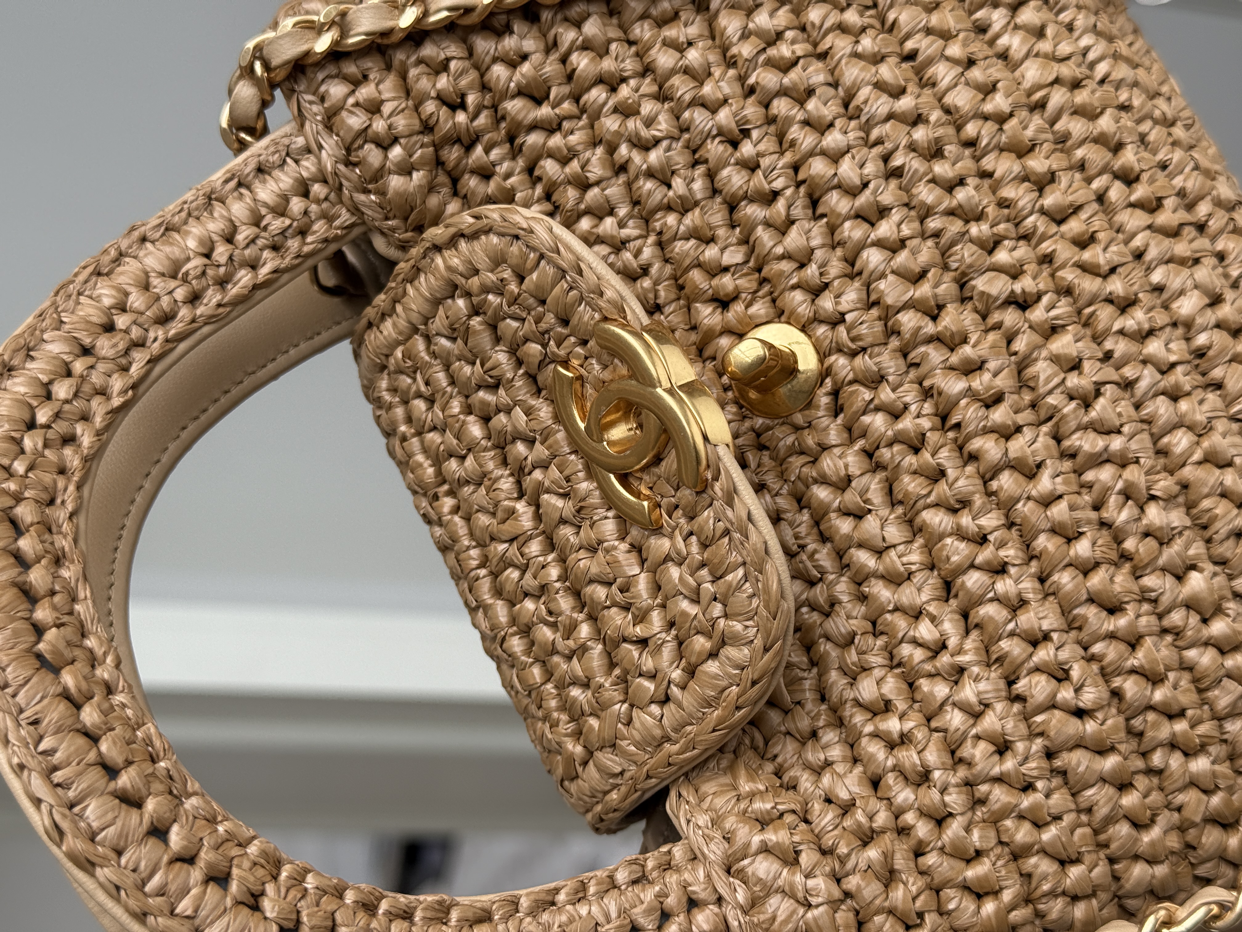 CHANEL Light Brown Raffia Woven Mini CC Flap Handbag