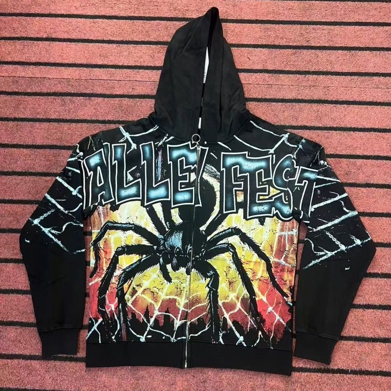 Vale Forever Vintage Spider Print Washed Hoodie Sweater with Cap