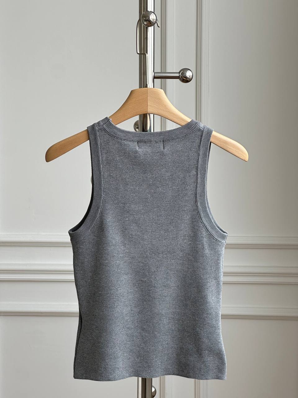 Miu Miu Heather Grey Ribbed Knit Crew Neck Rhinestone Logo Sleeveless Tank Top