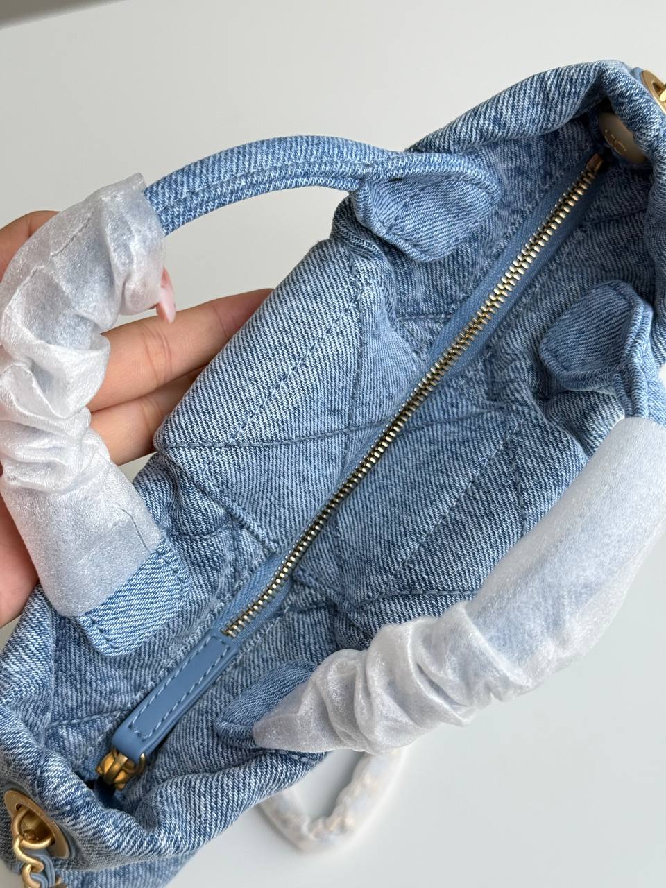 Chanel 25K Quilted Denim Bow Chain Handbag