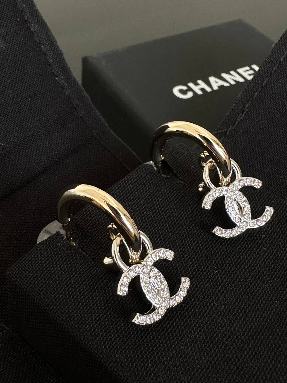 CHANEL Two-Tone Metal Earrings with Crystal CC Pendant