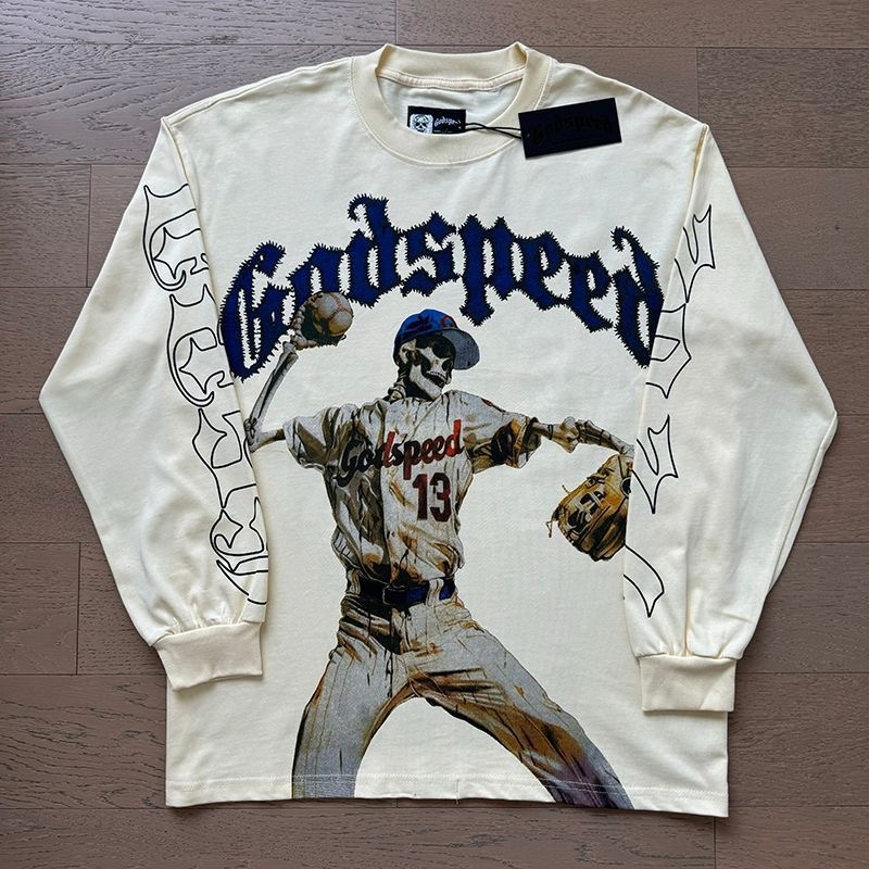 Godspeed skull retro print loose cotton base shirt long sleeved foreign trade style