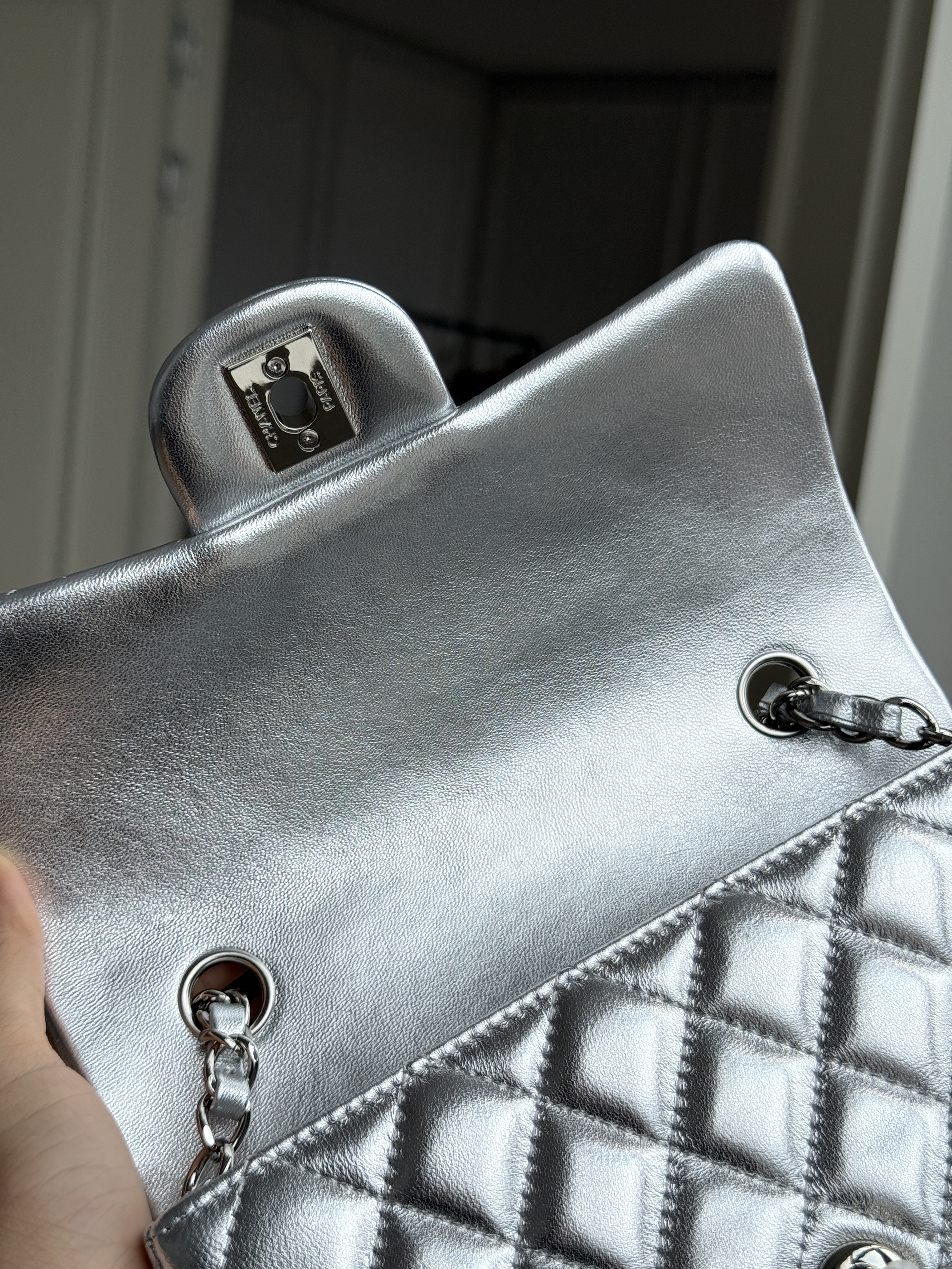 Chanel Silver Metallic Lambskin Mini Classic Flap Silver CC Chain Bag