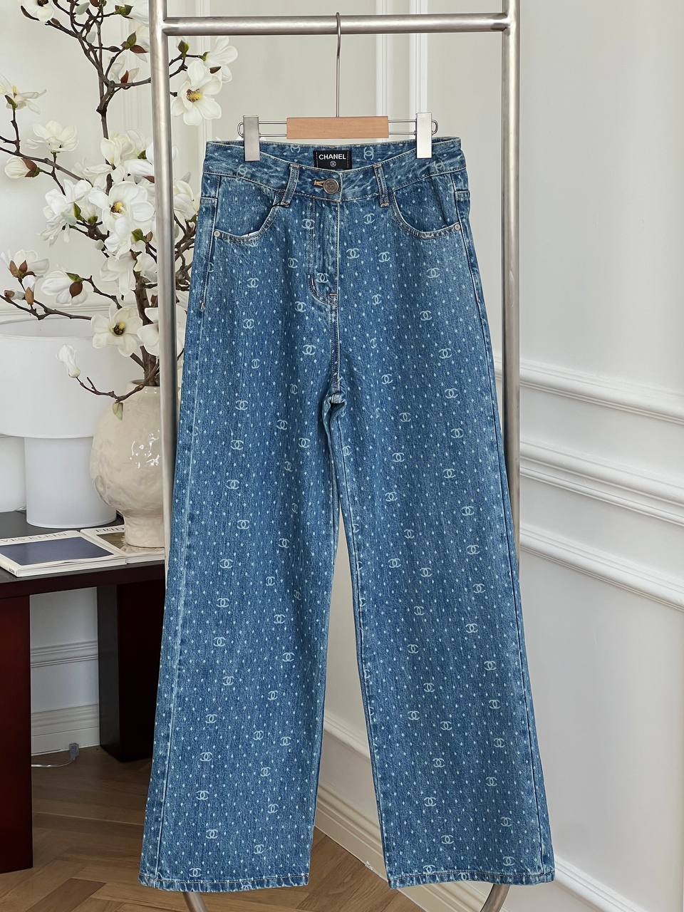 Chanel Blue Washed Denim CC Logo Printed Wide-Leg Jeans
