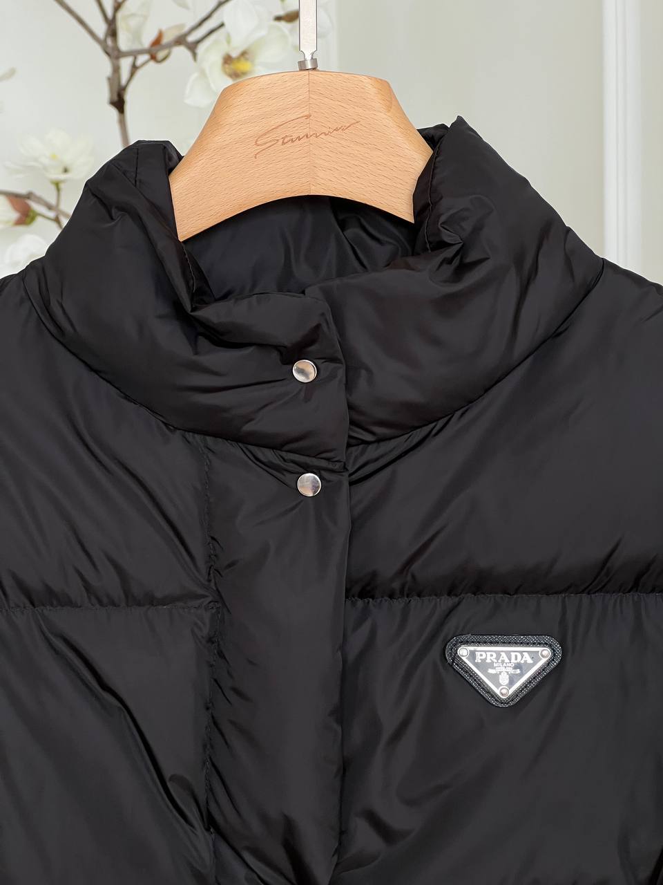 Prada Black Triangle Logo Stand Collar Cropped Nylon Down Jacket