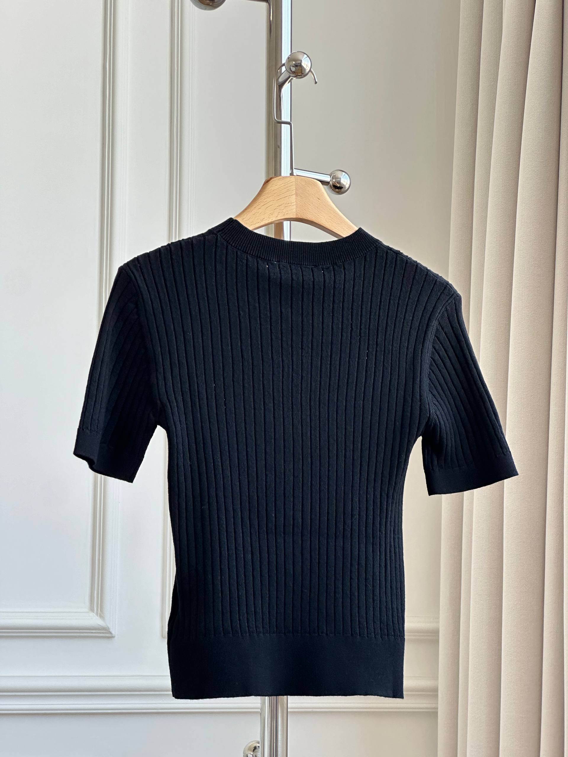 Chanel Ribbed Knit T-Shirt with Crystal CC Logo